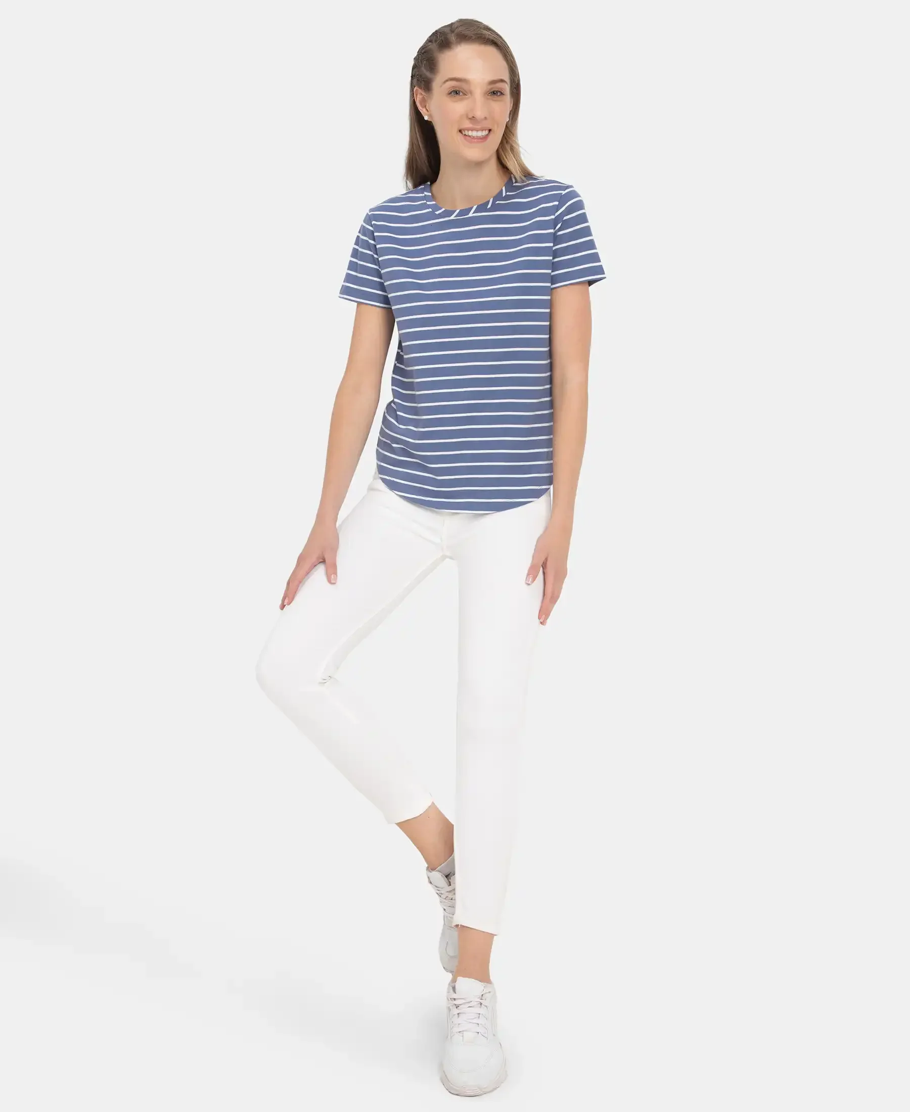 Super Combed Cotton Stripe Fabric Relaxed Fit Round Neck Half Sleeve T-Shirt with Curved Hem Styling - Topaz Blue - Image 6