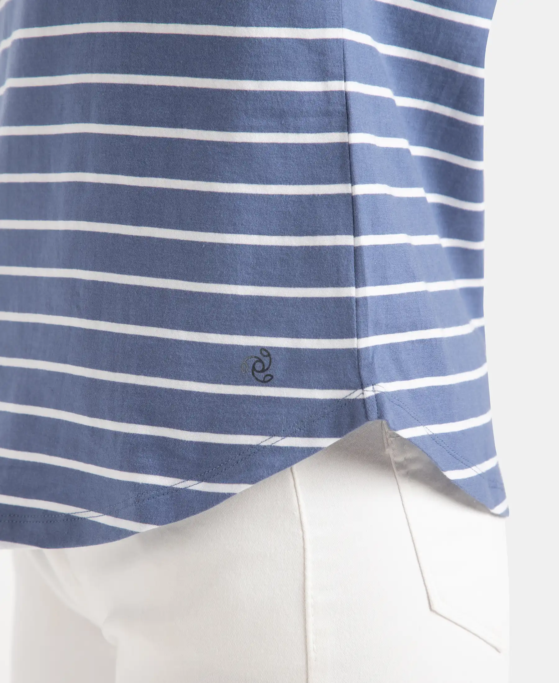 Super Combed Cotton Stripe Fabric Relaxed Fit Round Neck Half Sleeve T-Shirt with Curved Hem Styling - Topaz Blue - Image 8