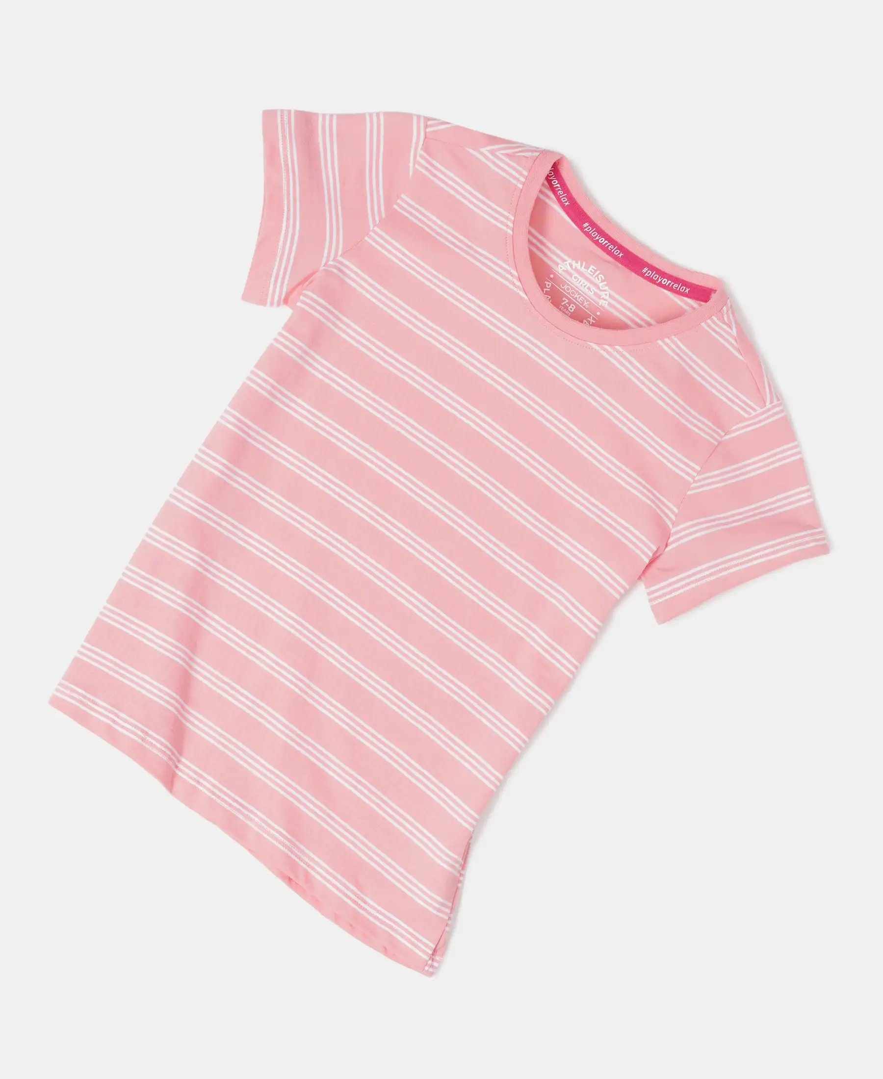 Girl's Super Combed Cotton Striped Short Sleeve T-Shirt - Flamingo Pink - Image 5