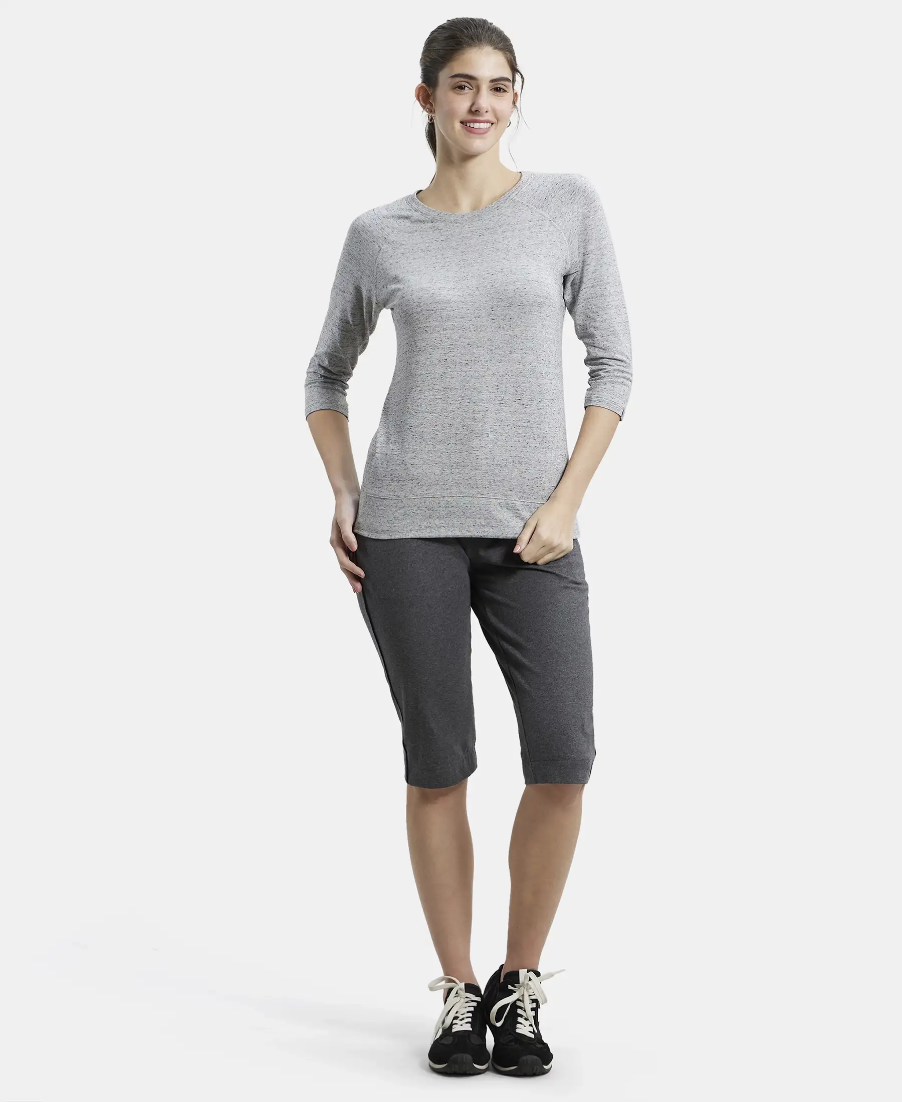 Super Combed Cotton Viscose Elastane Stretch Regular Fit Solid Round Neck Three Quarter Sleeve T-Shirt - Grey Snow Melange - Image 4