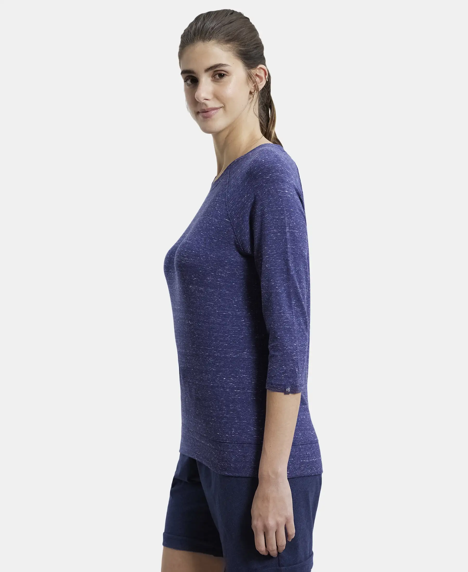 Super Combed Cotton Viscose Elastane Stretch Regular Fit Solid Round Neck Three Quarter Sleeve T-Shirt - Imperial Blue Snow Melange - Image 2