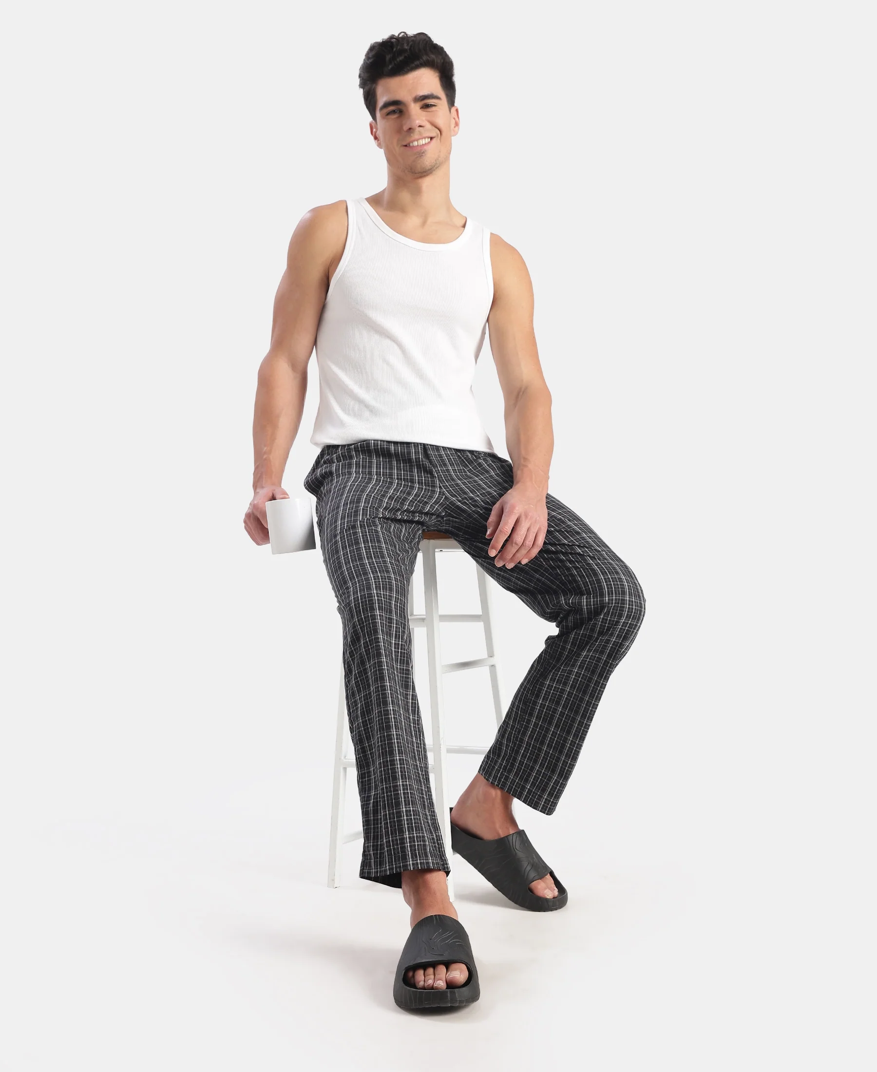 Super Combed Cotton Woven Fabric Regular Fit Checkered Pyjama with Side Pockets - New Black - Image 6