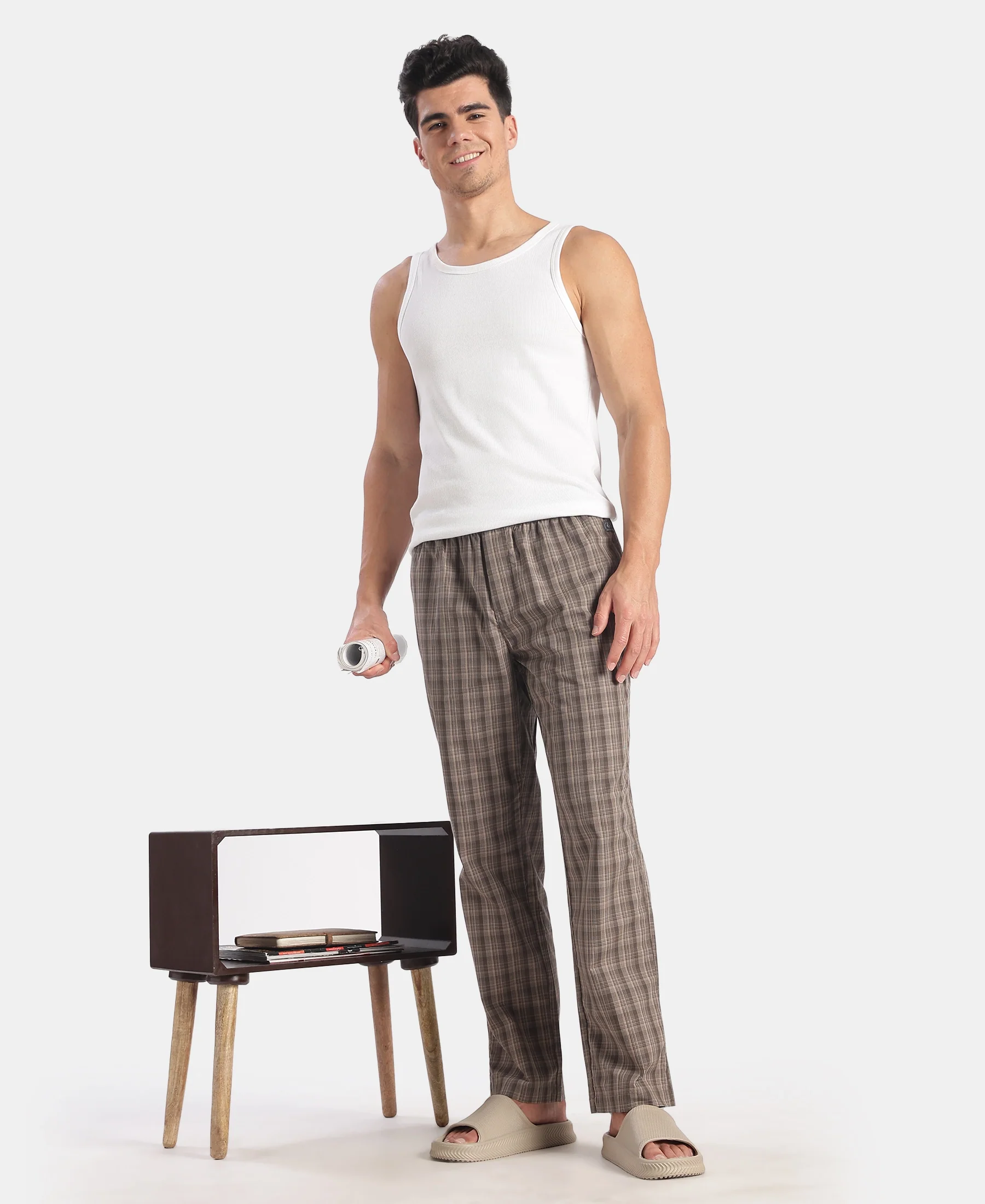 Super Combed Cotton Woven Fabric Regular Fit Checkered Pyjama with Side Pockets - New Black Olive - Image 6
