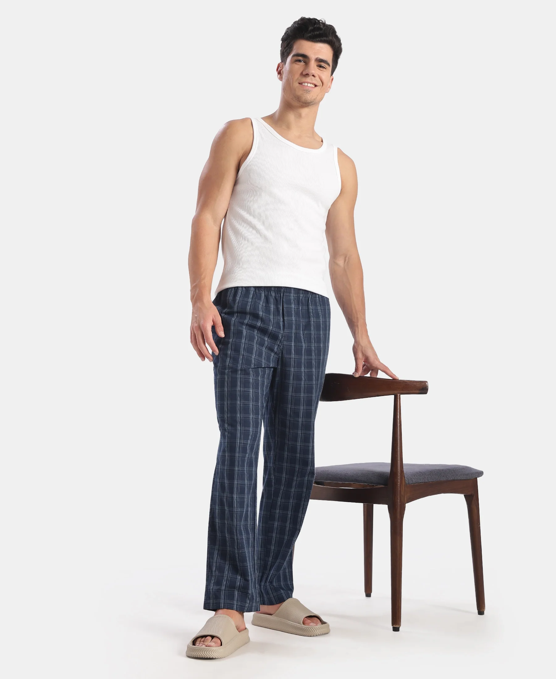 Super Combed Cotton Woven Fabric Regular Fit Checkered Pyjama with Side Pockets - New Navy - Image 6