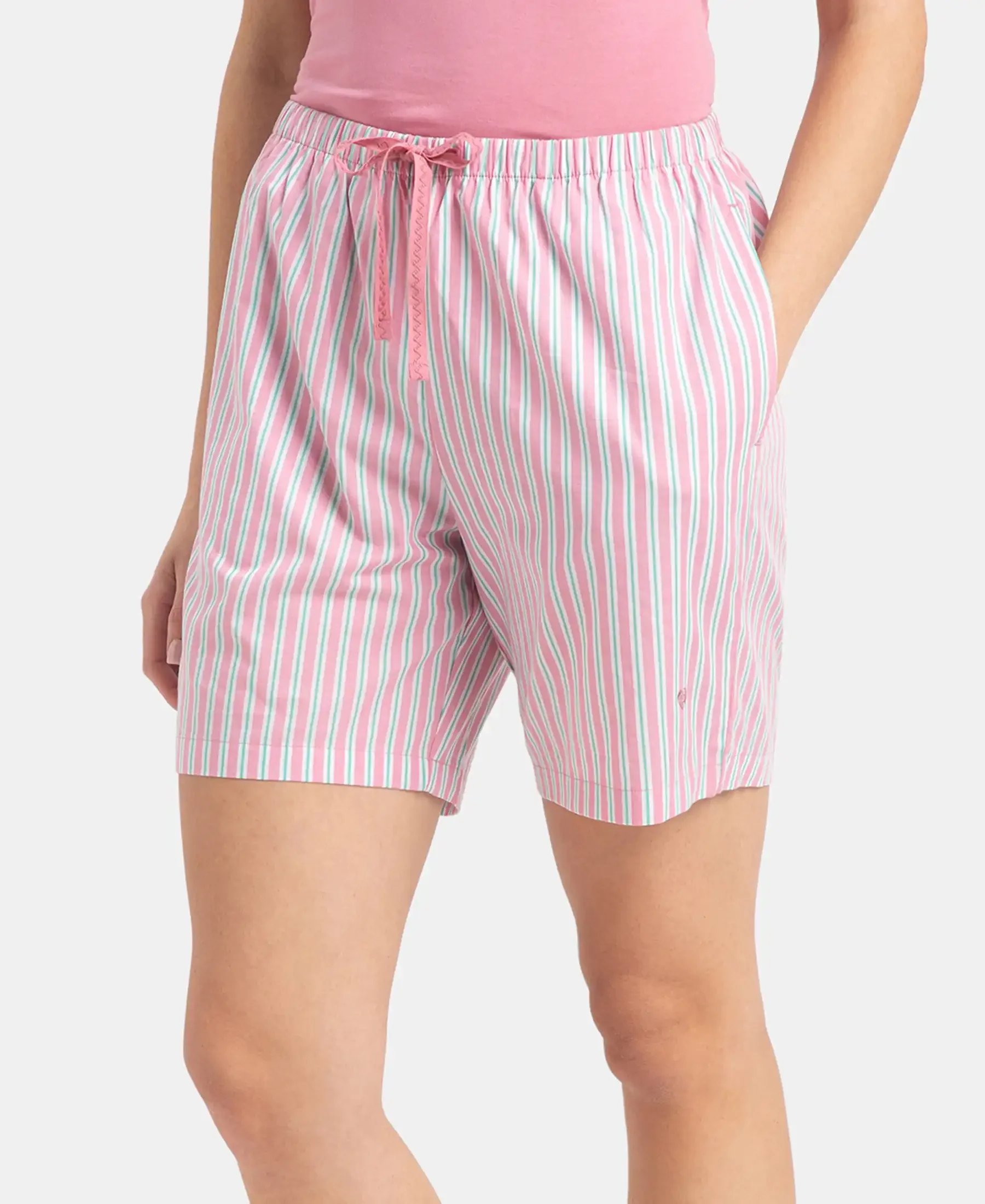 Super Combed Cotton Yarn Dyed Woven Relaxed Fit Striped Shorts with Side Pockets - Cashmere Rose - Image 2