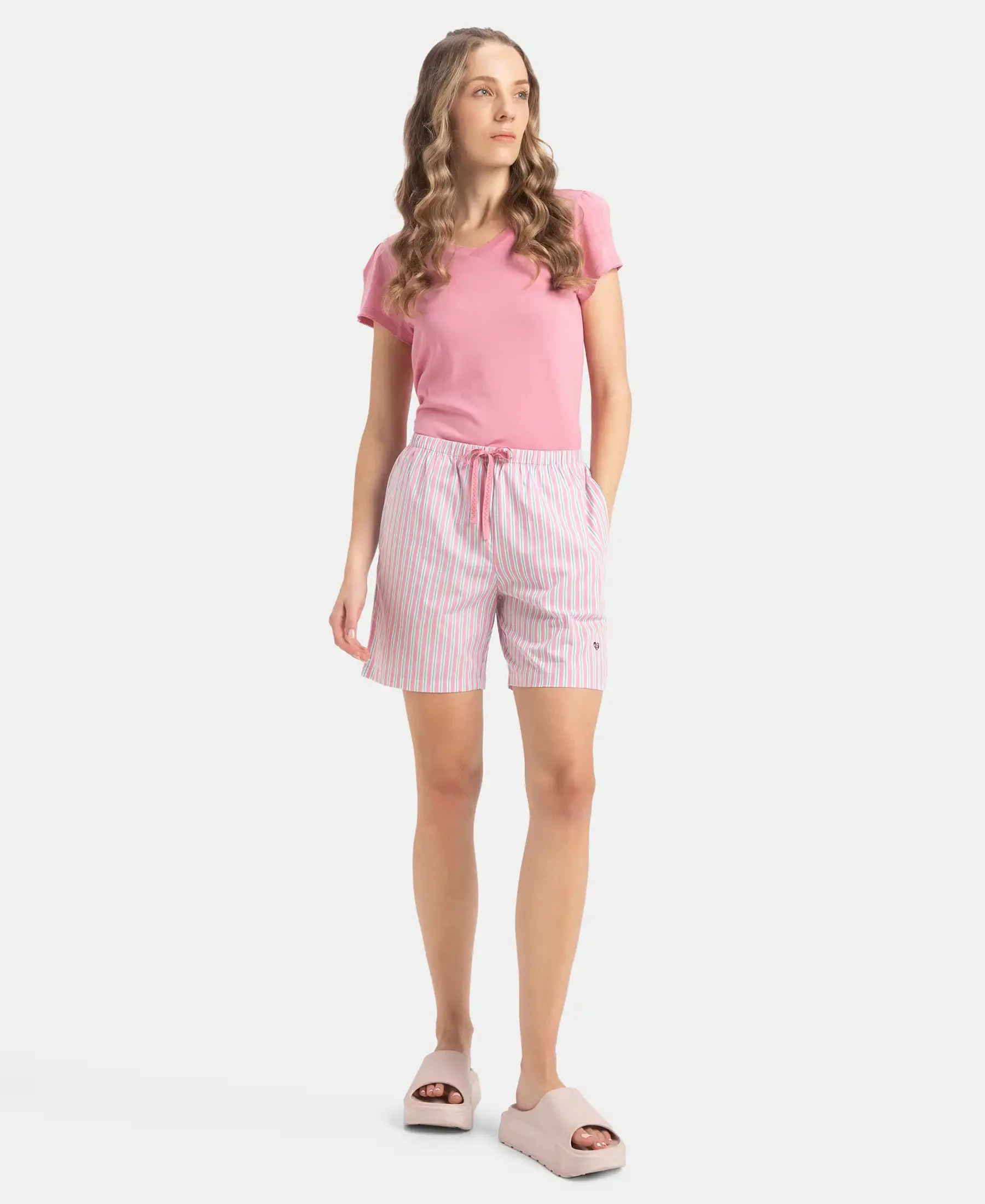 Super Combed Cotton Yarn Dyed Woven Relaxed Fit Striped Shorts with Side Pockets - Cashmere Rose - Image 4