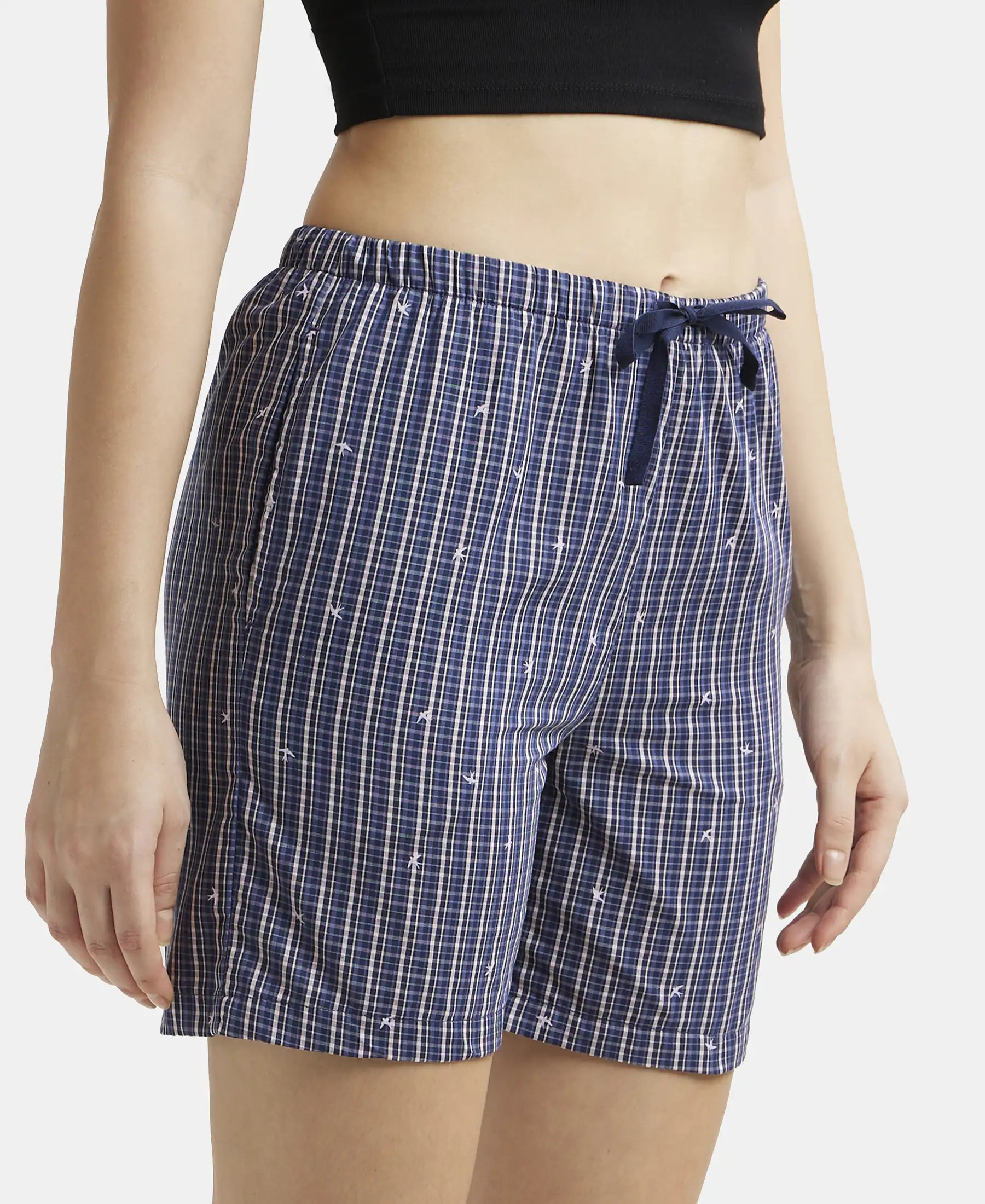 Super Combed Cotton Yarn Dyed Woven Relaxed Fit Striped Shorts with Side Pockets - Classic Navy Assorted Checks - Image 2