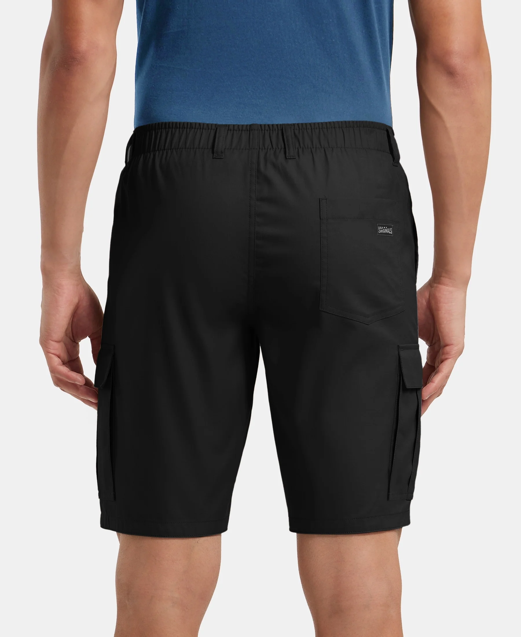 Super Combed Mercerised Cotton Woven Straight Fit Cargo Shorts - Black - Image 3