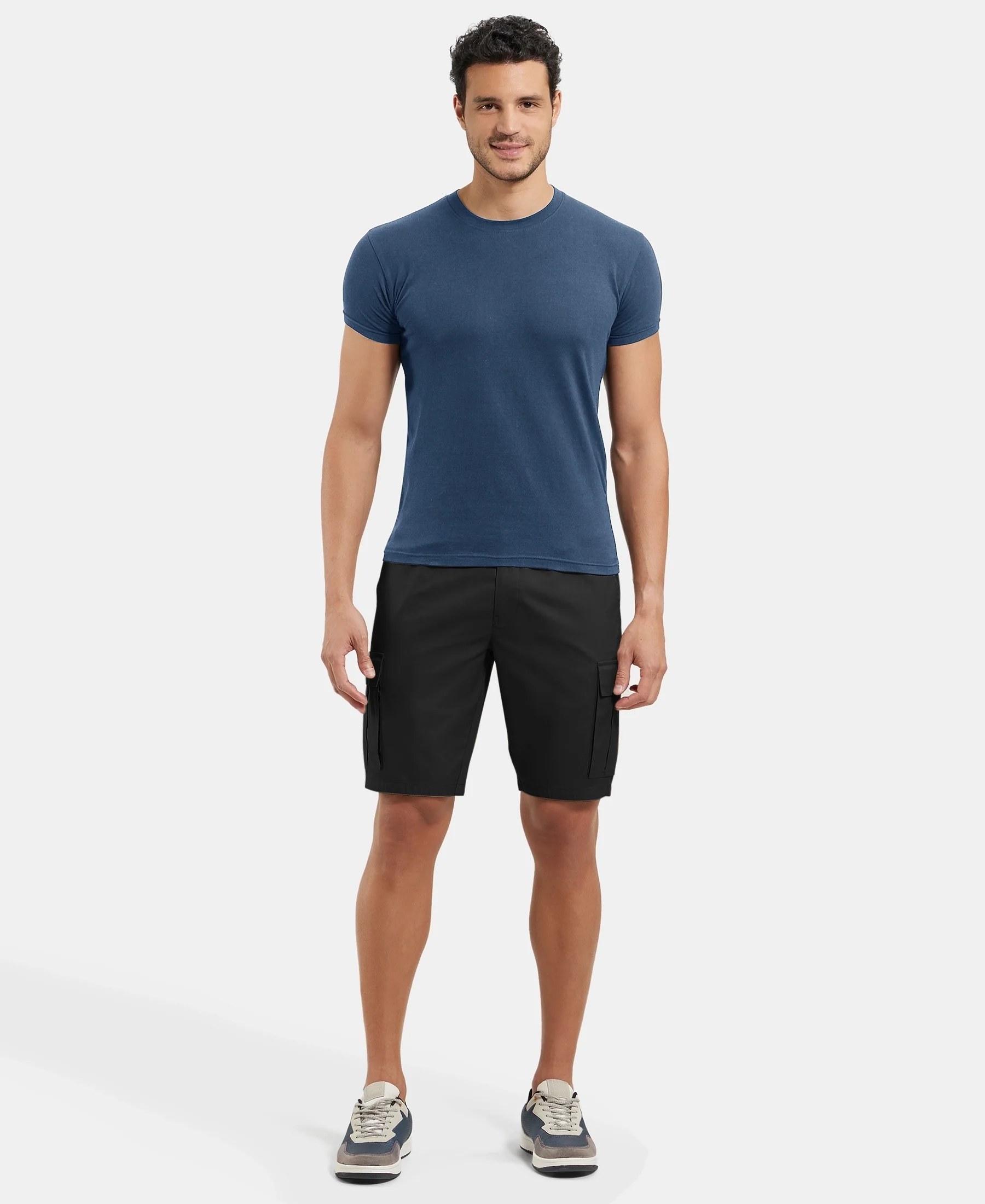 Super Combed Mercerised Cotton Woven Straight Fit Cargo Shorts - Black - Image 4