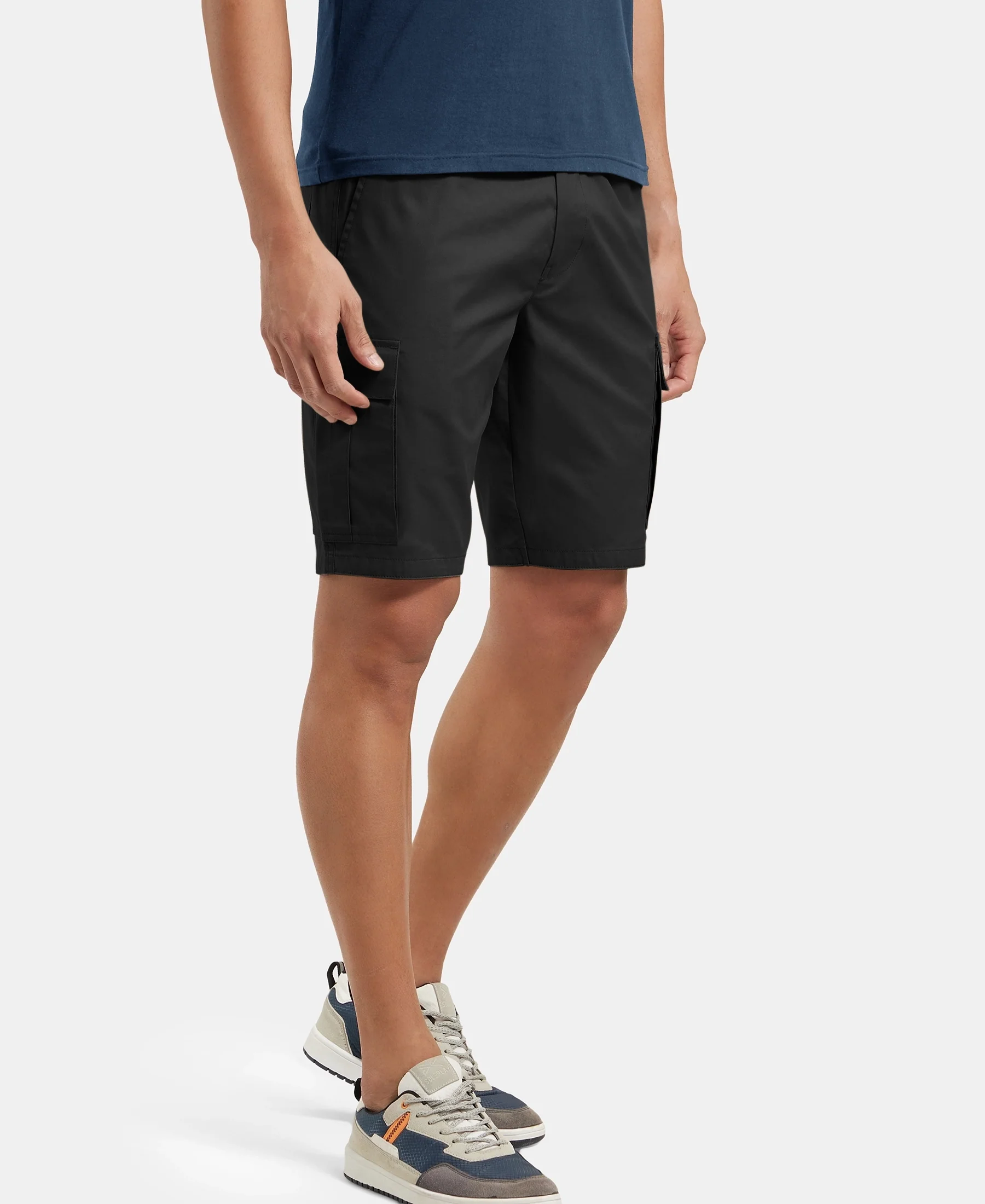 Super Combed Mercerised Cotton Woven Straight Fit Cargo Shorts - Black - Image 5