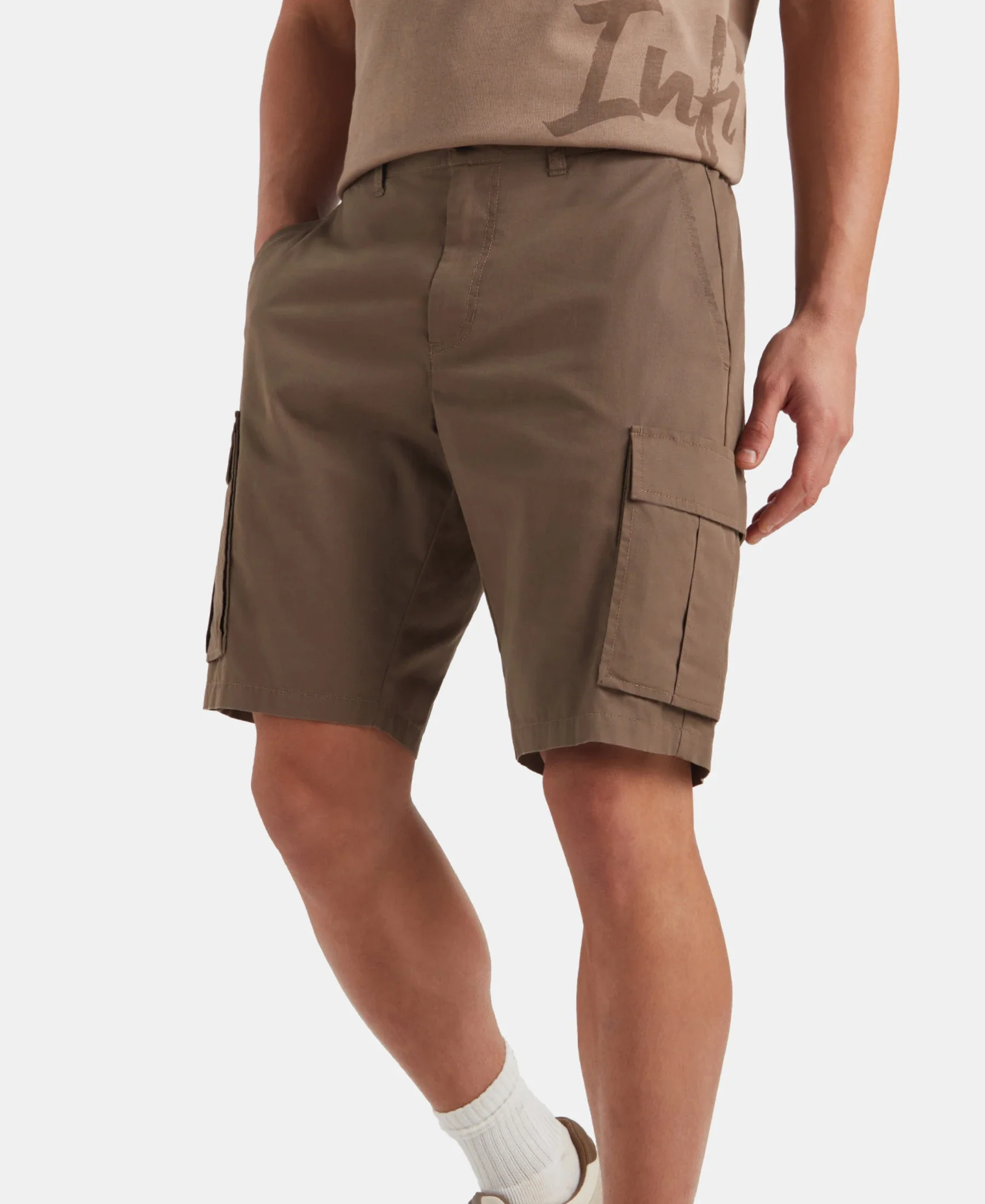 Super Combed Cotton Woven Straight Fit Cargo Shorts with Seven Pockets - Dark Khaki - Image 4