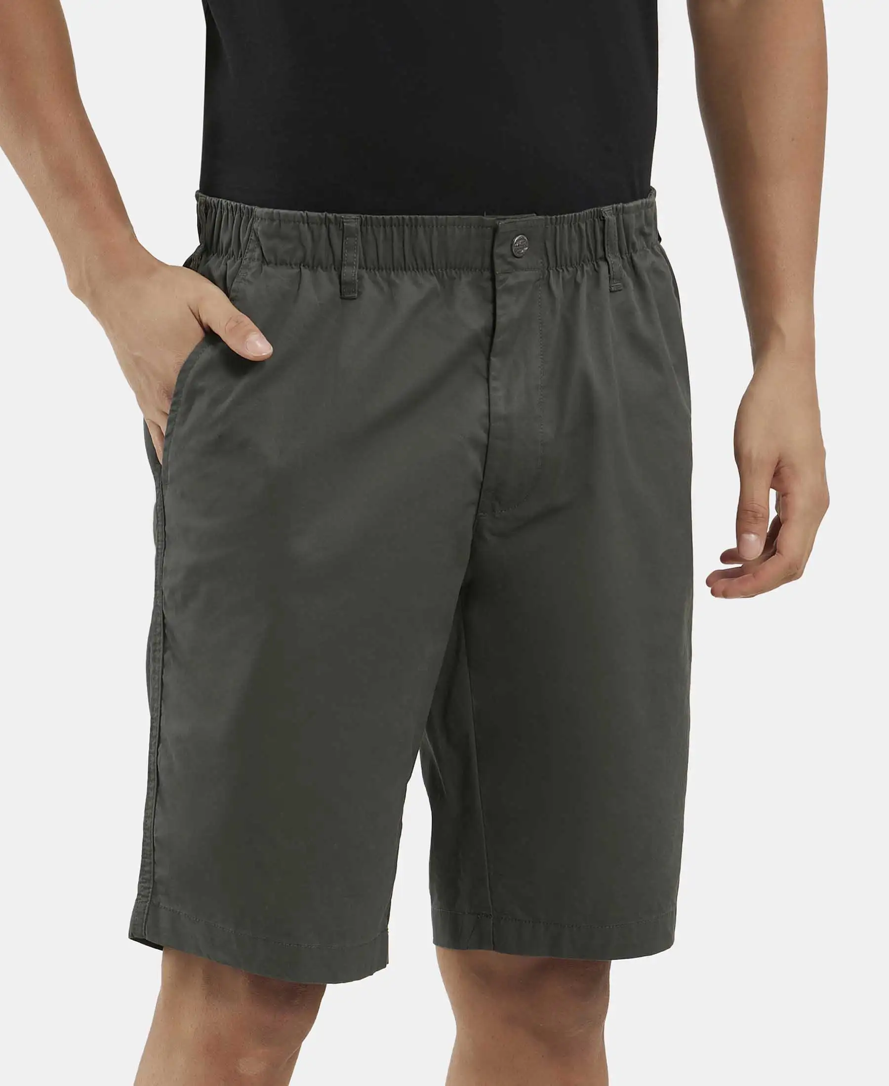 Super Combed Mercerised Cotton Woven Straight Fit Shorts with Side Pockets - Forest Green - Image 2