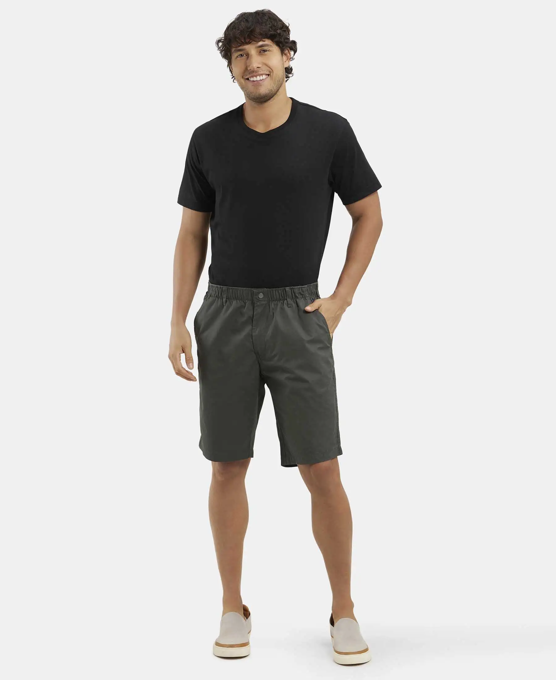 Super Combed Mercerised Cotton Woven Straight Fit Shorts with Side Pockets - Forest Green - Image 4