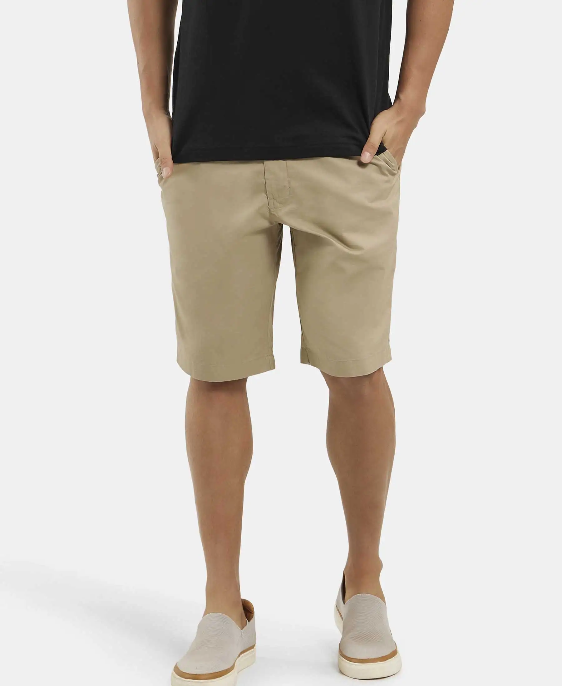 Super Combed Mercerised Cotton Woven Straight Fit Shorts with Side Pockets - Khaki - Image 5