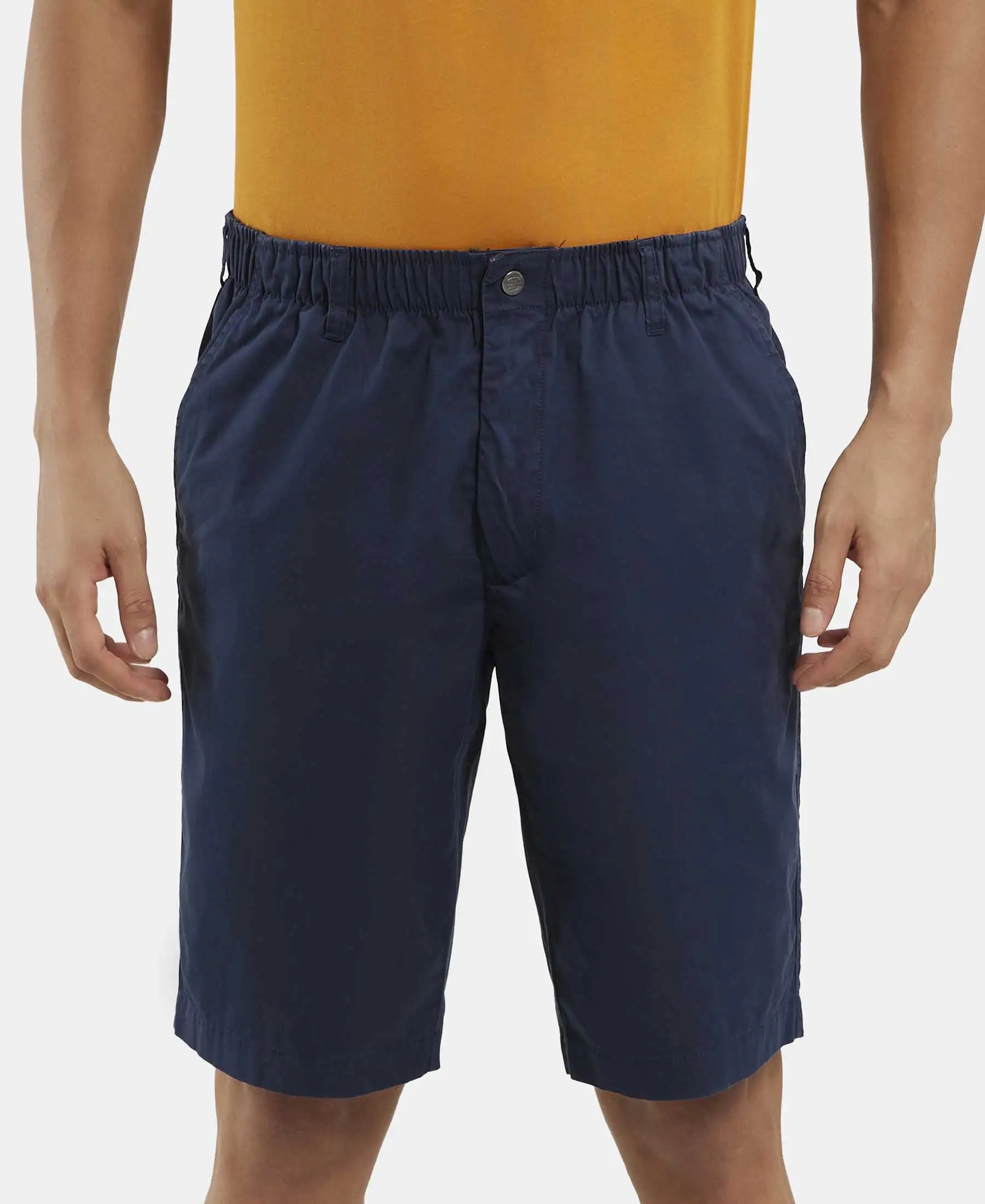 Super Combed Mercerised Cotton Woven Straight Fit Shorts with Side Pockets - Navy