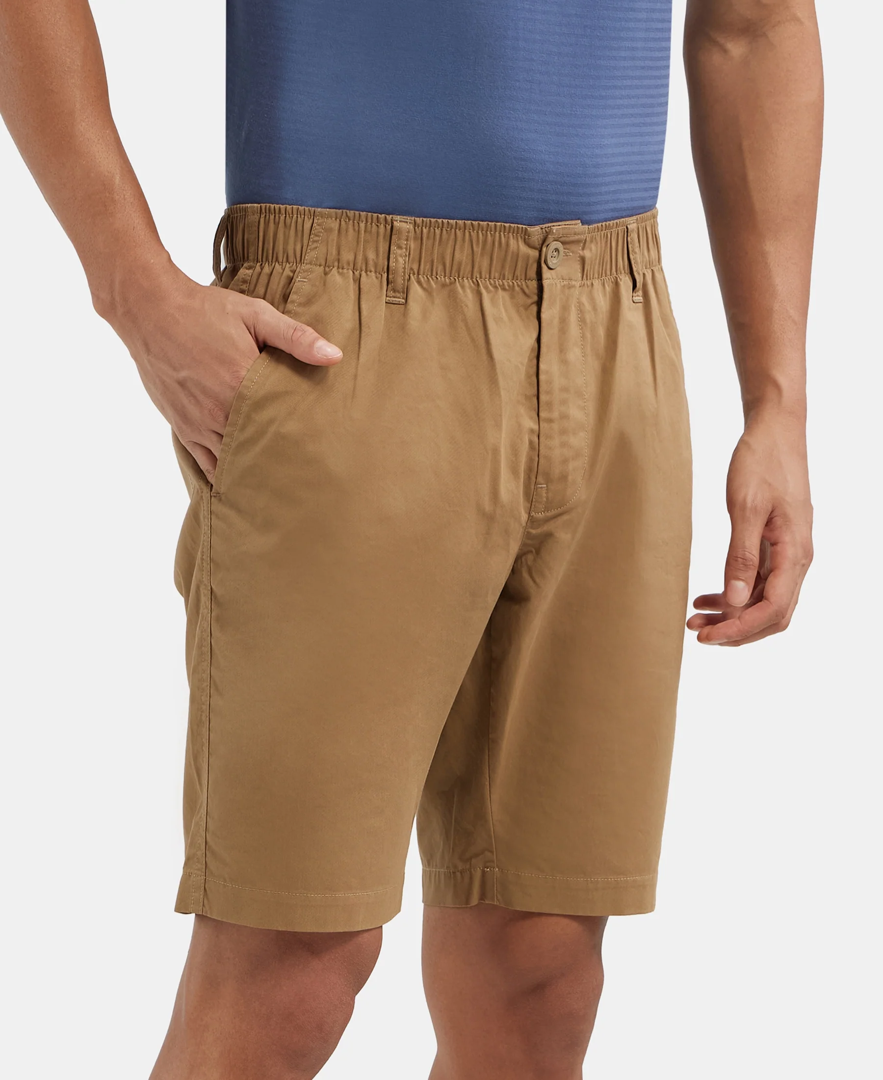 Super Combed Mercerised Cotton Woven Straight Fit Shorts with Side Pockets - Sepia Tint - Image 2