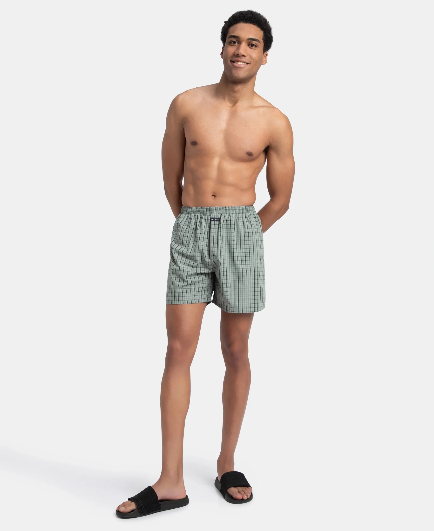 Super Combed Mercerized Cotton Woven Checkered Boxer Shorts with Back Pocket - Black & Slate (Pack of 2) - Image 13