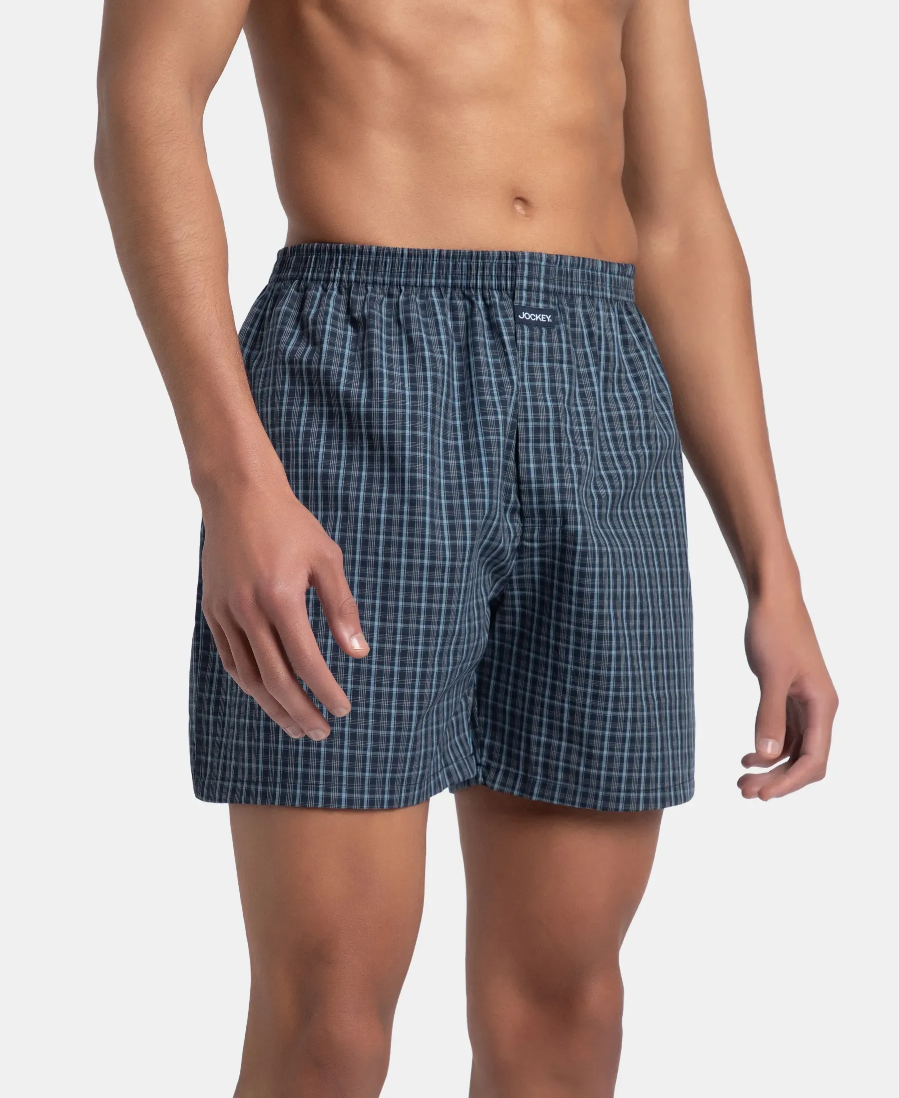 Super Combed Mercerized Cotton Woven Checkered Boxer Shorts with Back Pocket - Navy & Blue Shadow (Pack of 2) - Image 3