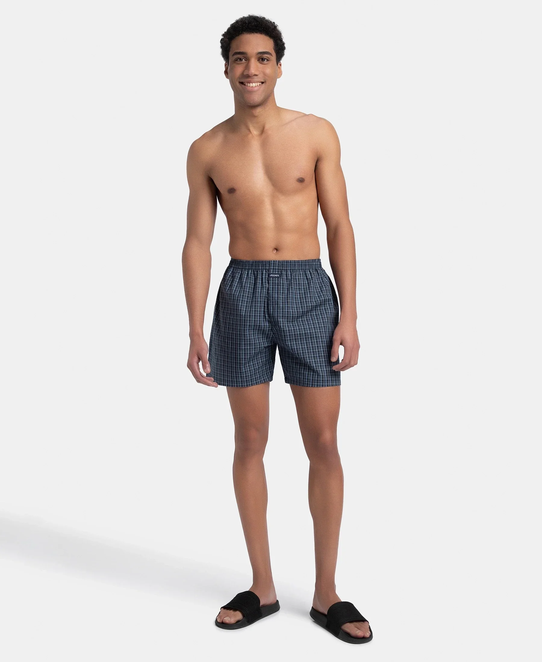 Super Combed Mercerized Cotton Woven Checkered Boxer Shorts with Back Pocket - Navy & Blue Shadow (Pack of 2) - Image 6