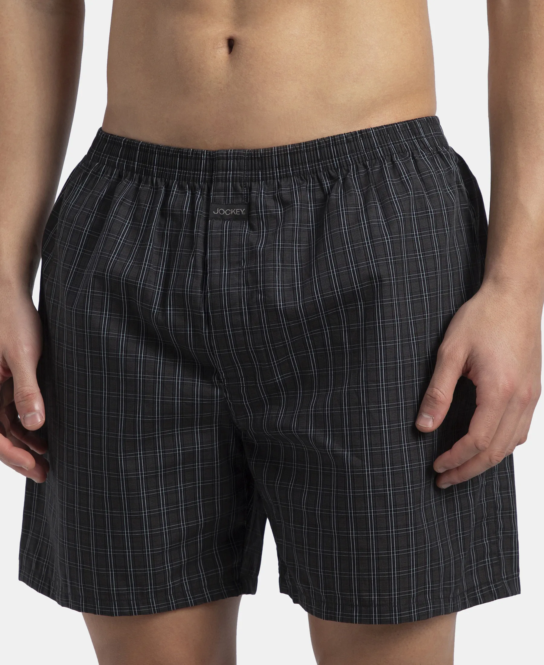 Super Combed Mercerized Cotton Woven Checkered Boxer Shorts with Back Pocket - Vintage Indigo & Black (Pack of 2) - Image 14