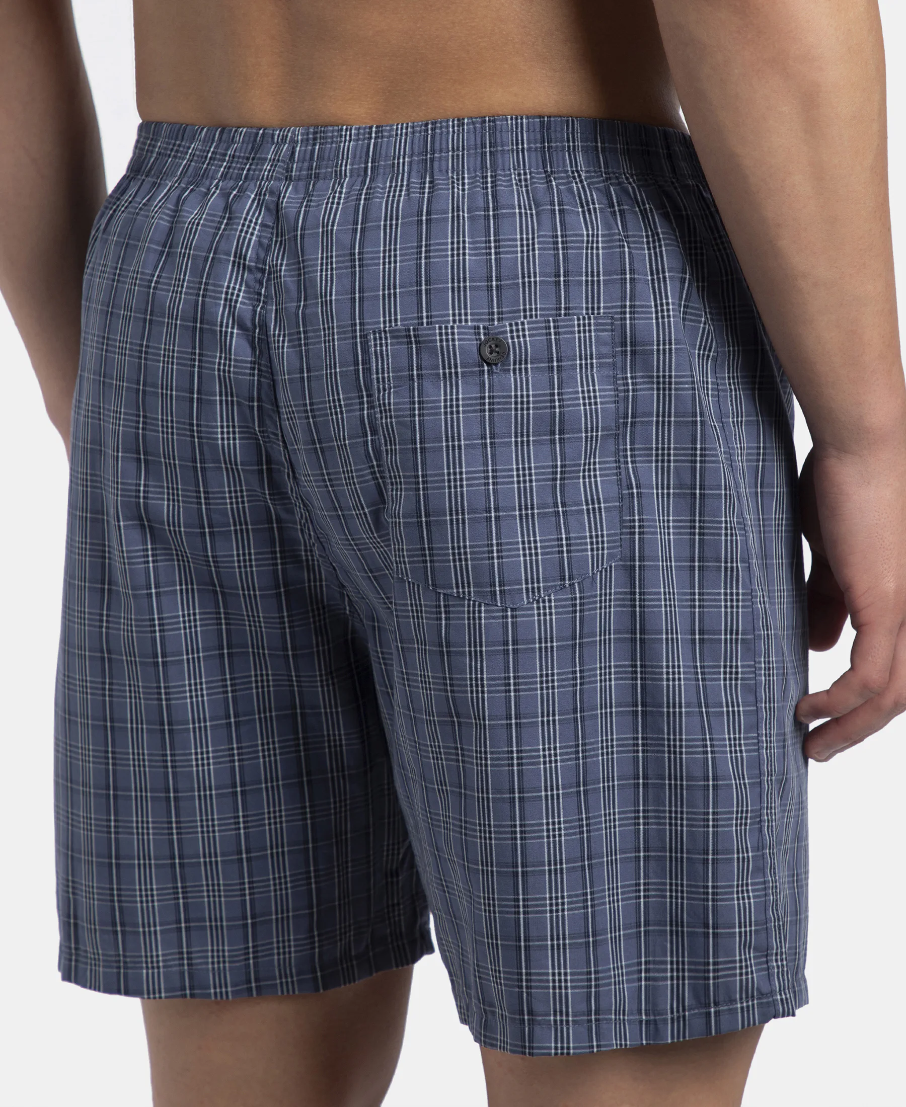 Super Combed Mercerized Cotton Woven Checkered Boxer Shorts with Back Pocket - Vintage Indigo & Black (Pack of 2) - Image 16