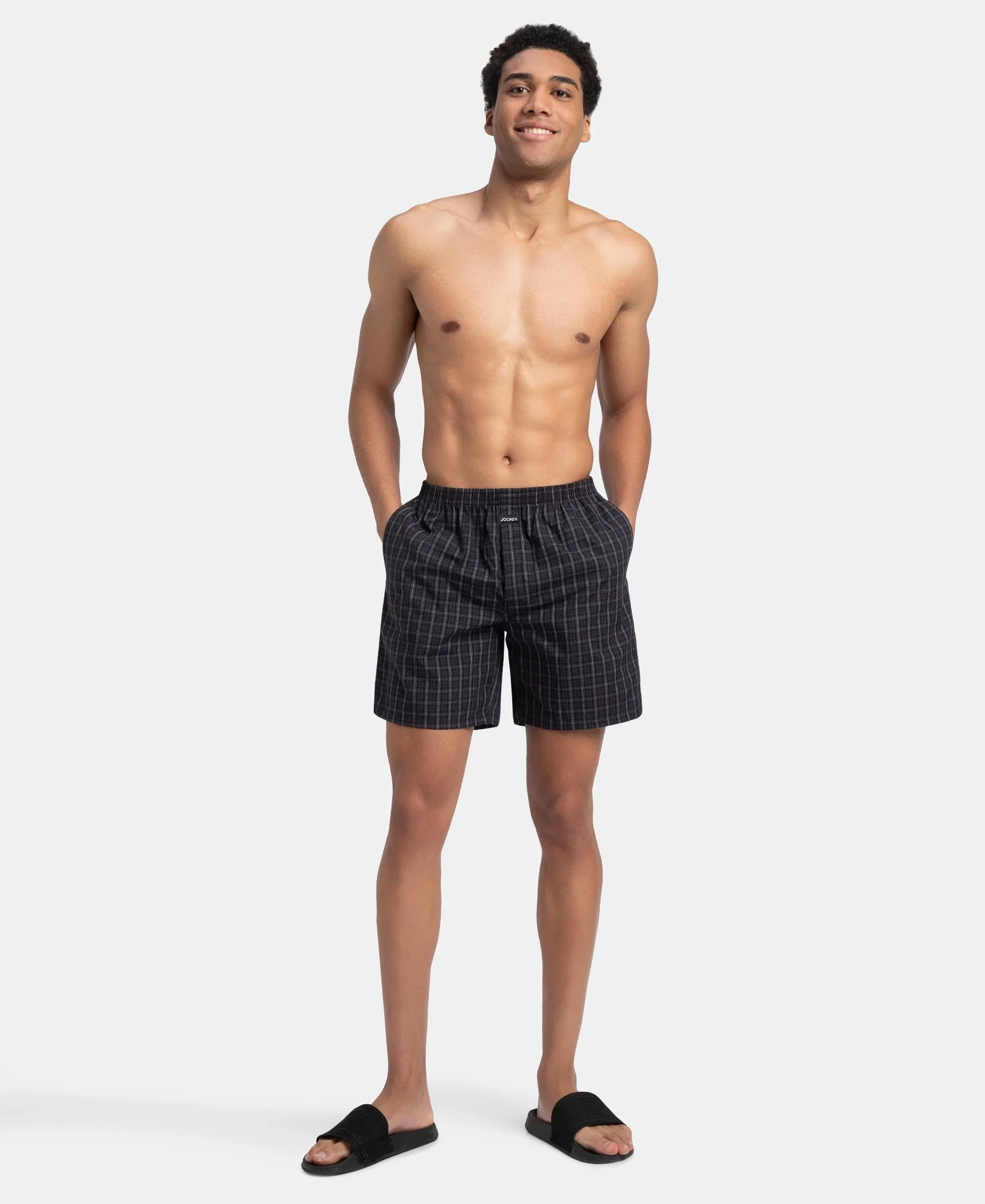 Super Combed Mercerized Cotton Woven Checkered Boxer Shorts with Side Pocket - Grey & Black (Pack of 2) - Image 12