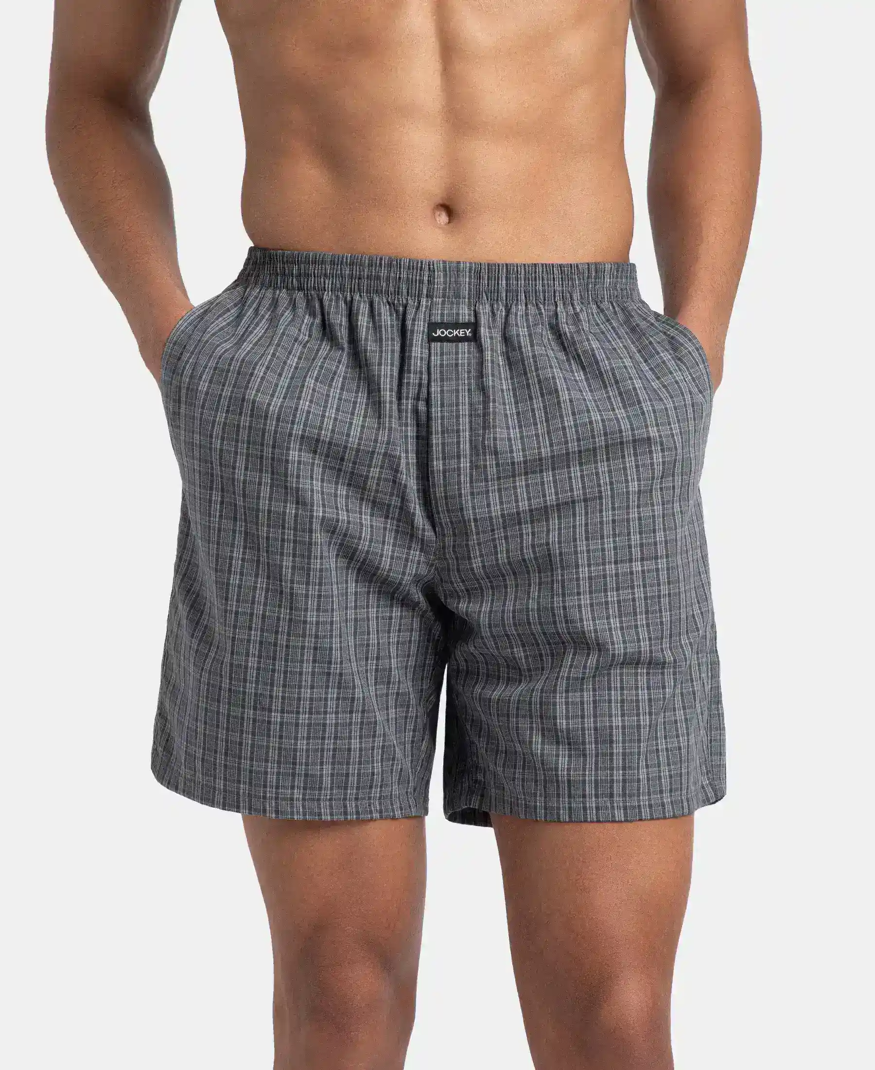 Super Combed Mercerized Cotton Woven Checkered Boxer Shorts with Side Pocket - Grey & Deep Olive (Pack of 2) - Image 10