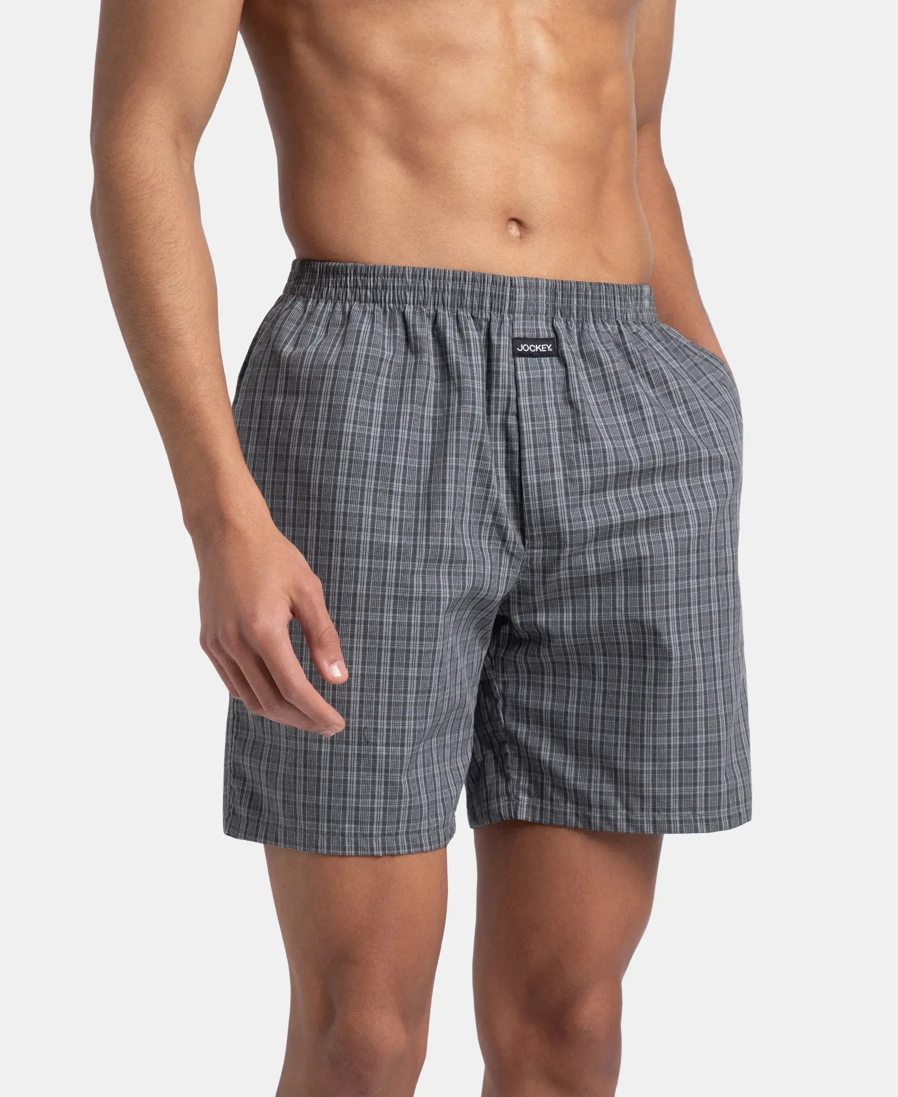 Super Combed Mercerized Cotton Woven Checkered Boxer Shorts with Side Pocket - Grey & Deep Olive (Pack of 2) - Image 11