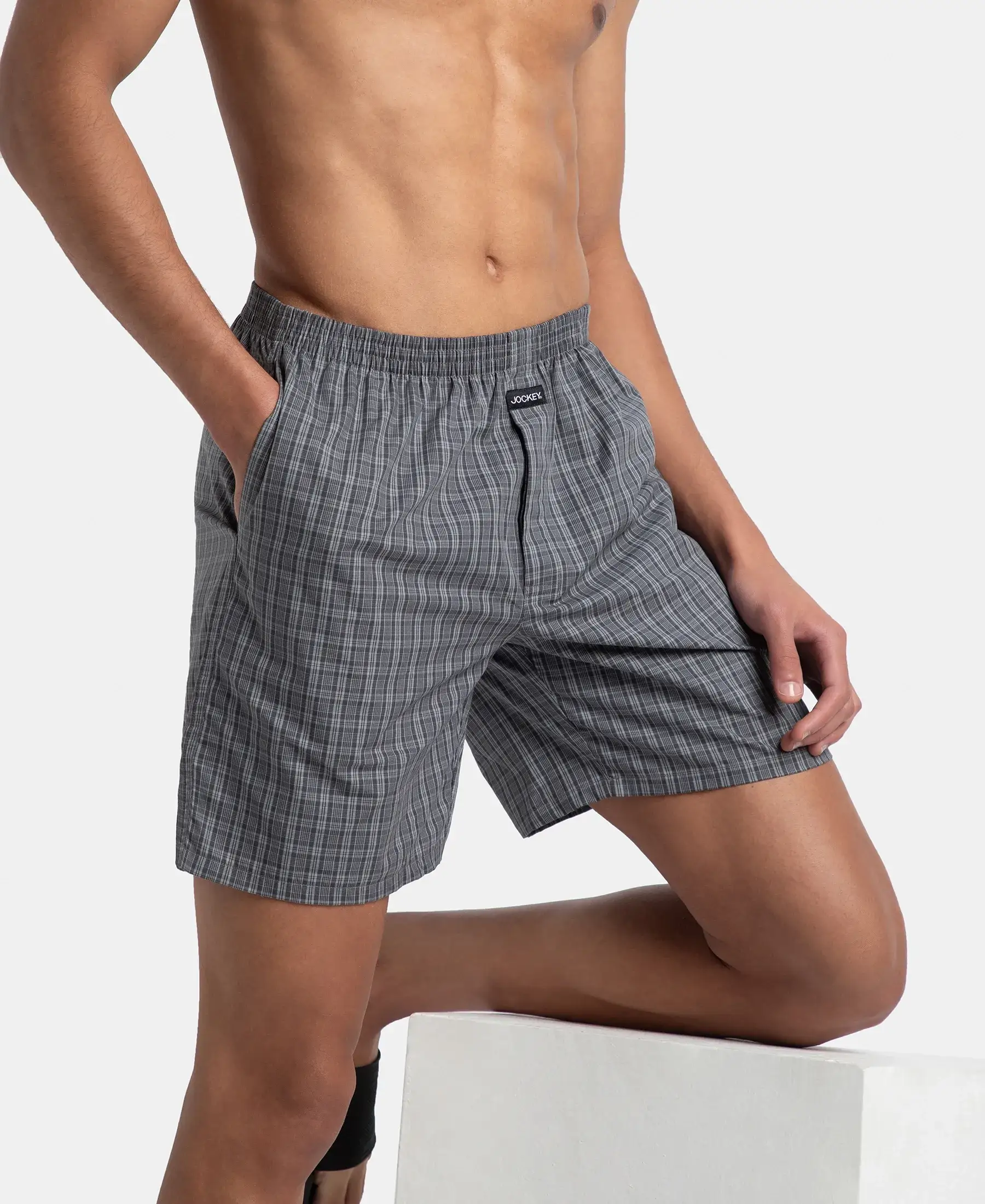 Super Combed Mercerized Cotton Woven Checkered Boxer Shorts with Side Pocket - Grey & Deep Olive (Pack of 2) - Image 14