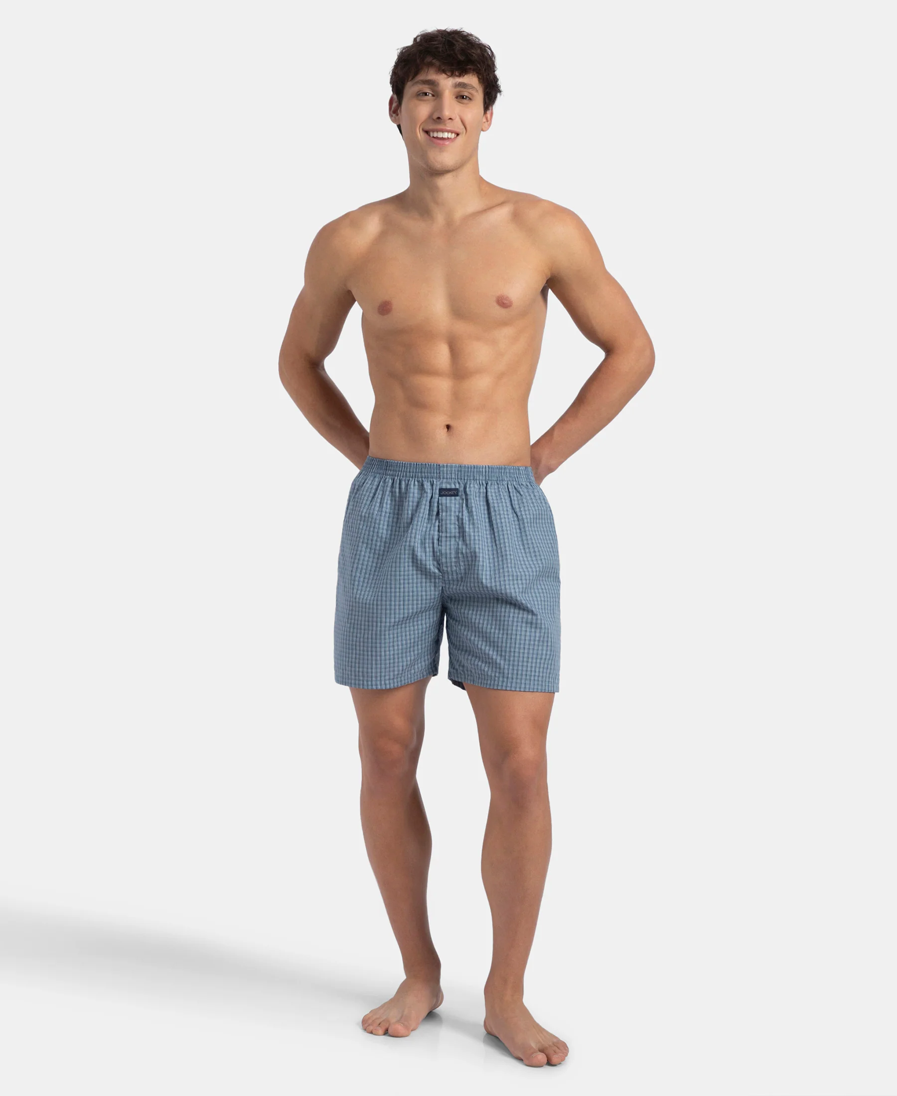 Super Combed Mercerized Cotton Woven Checkered Boxer Shorts with Side Pocket - Navy & Blue Shadow New (Pack of 2) - Image 10