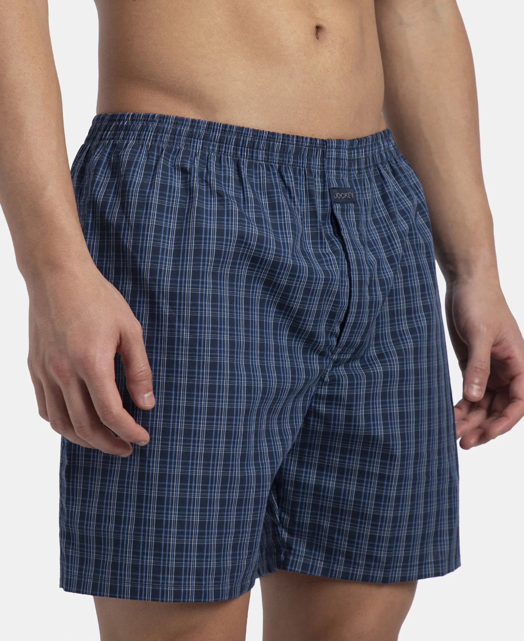 Super Combed Mercerized Cotton Woven Checkered Boxer Shorts with Side Pocket - Navy & Blue Shadow New (Pack of 2) - Image 13