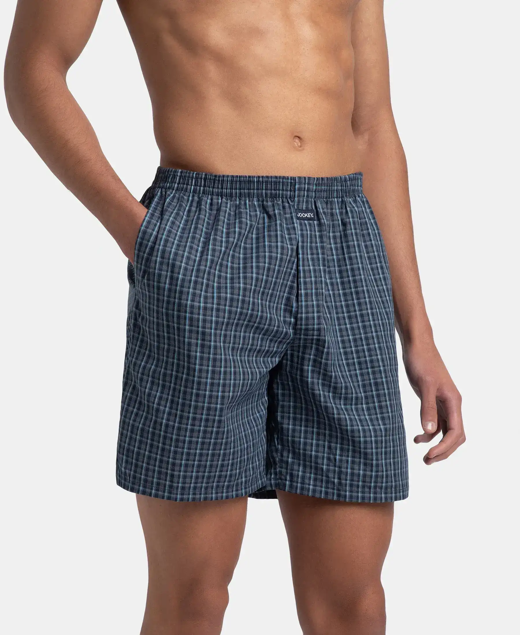 Super Combed Mercerized Cotton Woven Checkered Boxer Shorts with Side Pocket - Navy & Blue Shadow (Pack of 2) - Image 11