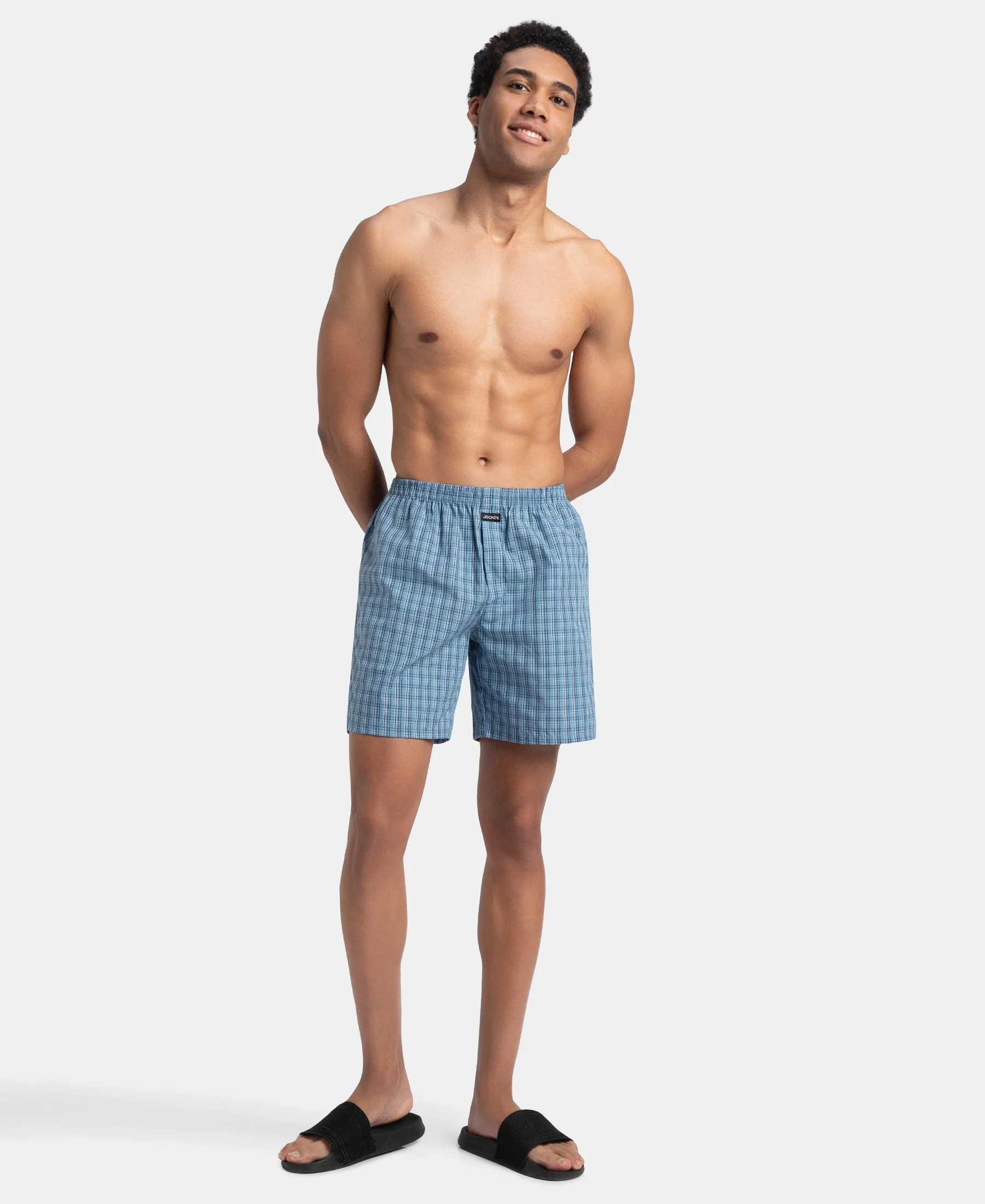 Super Combed Mercerized Cotton Woven Checkered Boxer Shorts with Side Pocket - Navy & Blue Shadow (Pack of 2) - Image 4