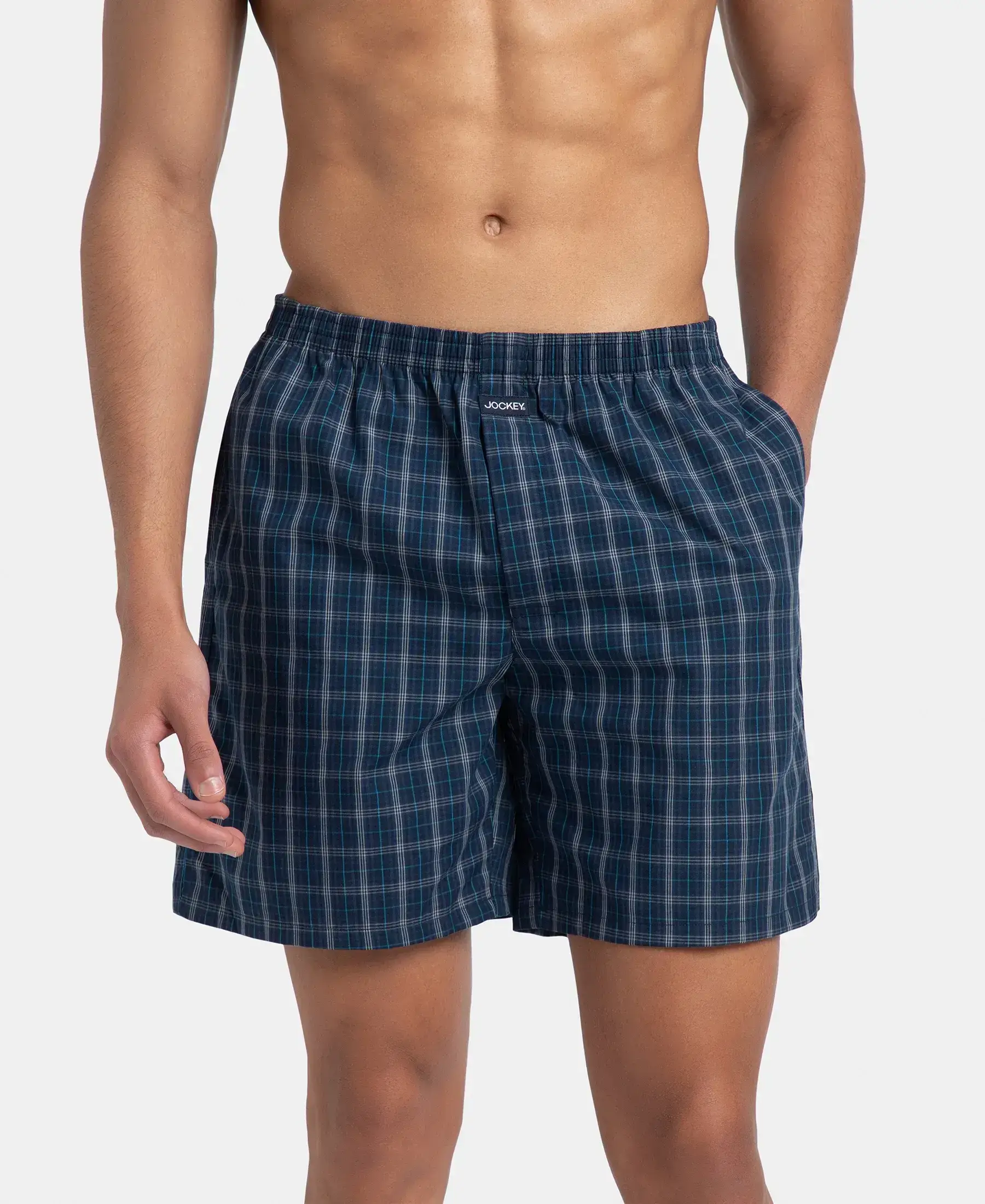 Super Combed Mercerized Cotton Woven Checkered Boxer Shorts with Side Pocket - Navy & Seaport Teal (Pack of 2) - Image 2