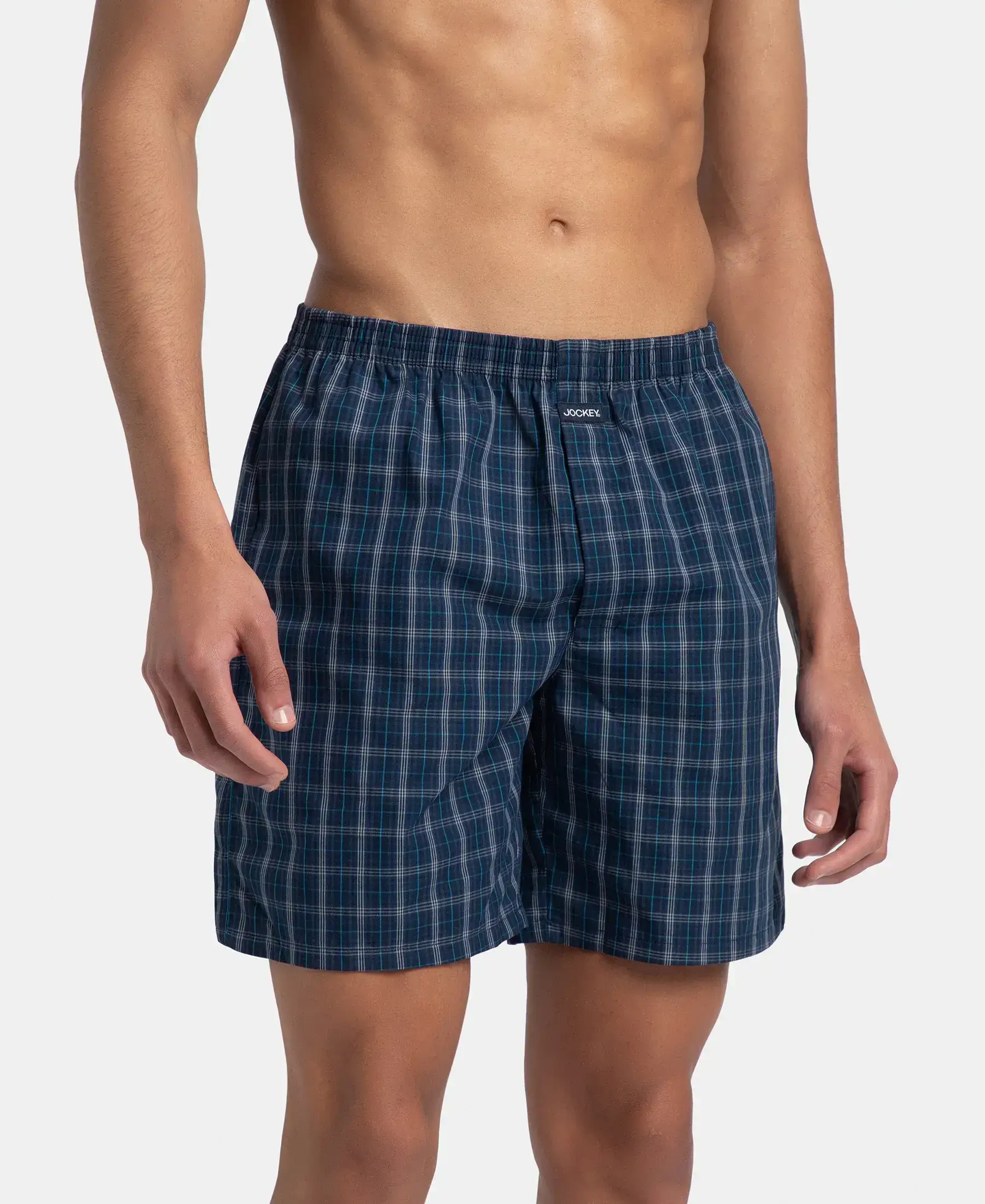 Super Combed Mercerized Cotton Woven Checkered Boxer Shorts with Side Pocket - Navy & Seaport Teal (Pack of 2) - Image 3