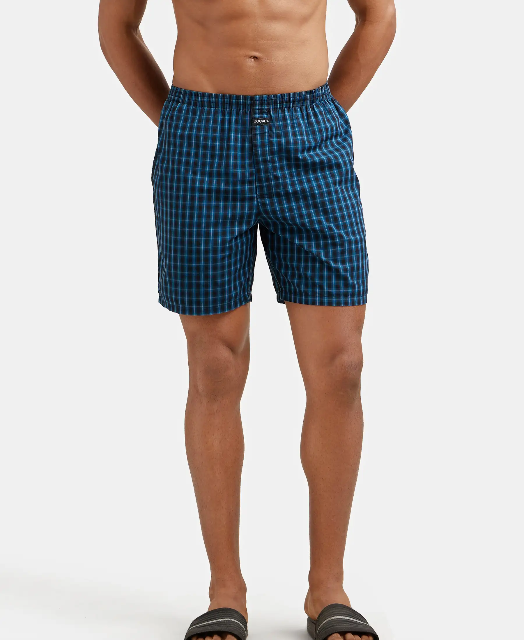Super Combed Mercerized Cotton Woven Checkered Boxer Shorts with Side Pocket - Seaport Teal & Black(Pack of 2) - Image 12