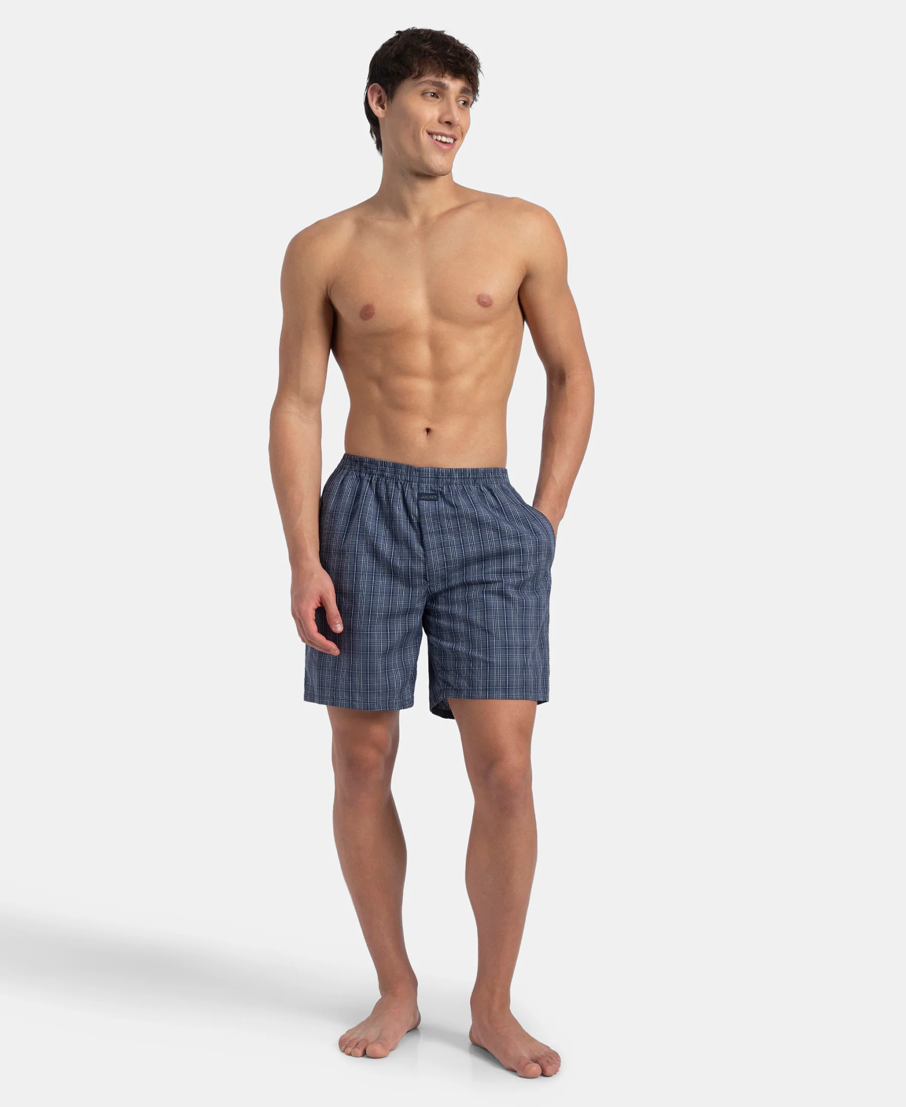 Super Combed Mercerized Cotton Woven Checkered Boxer Shorts with Side Pocket - Vintage Indigo & Black (Pack of 2) - Image 10