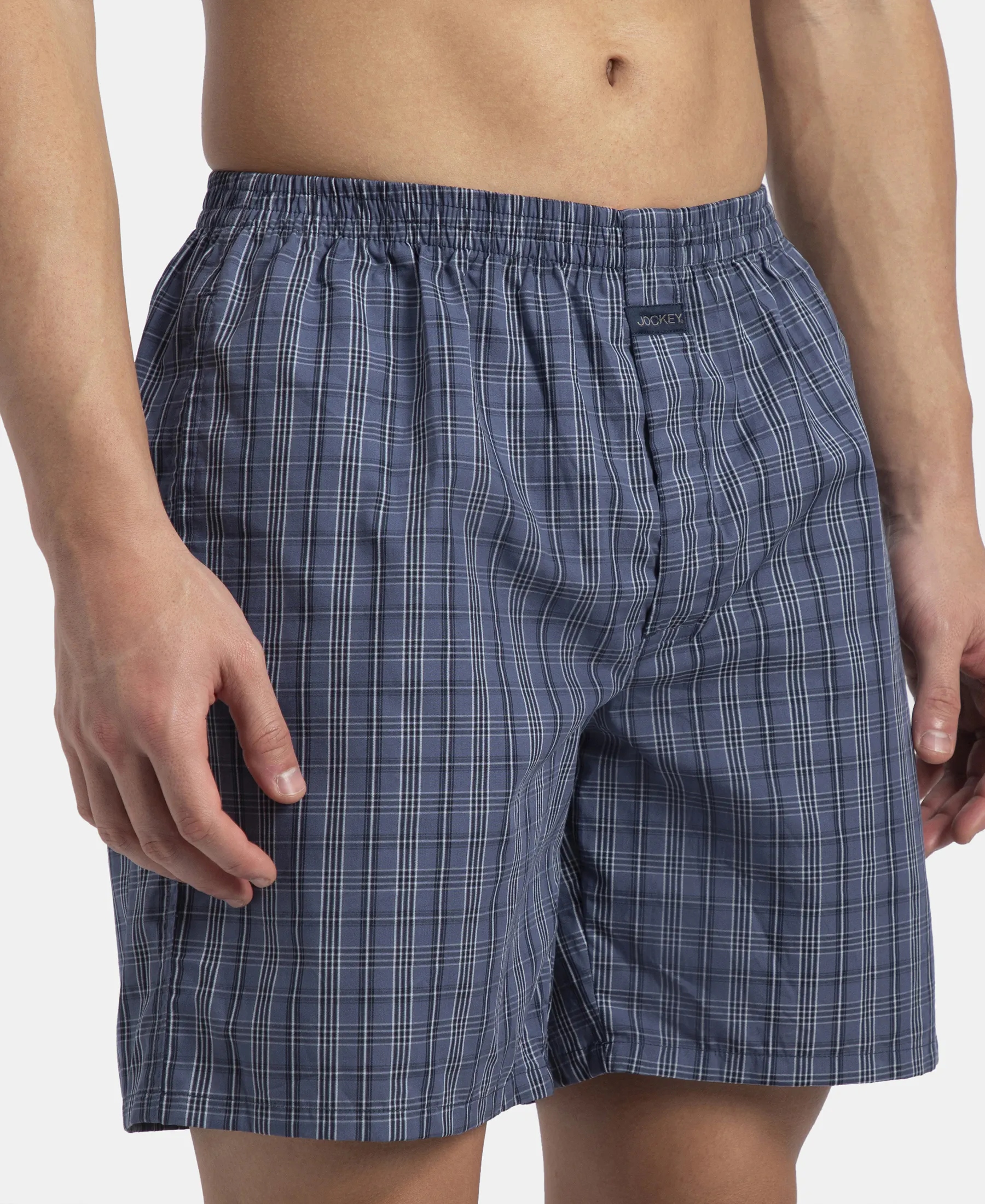 Super Combed Mercerized Cotton Woven Checkered Boxer Shorts with Side Pocket - Vintage Indigo & Black (Pack of 2) - Image 13