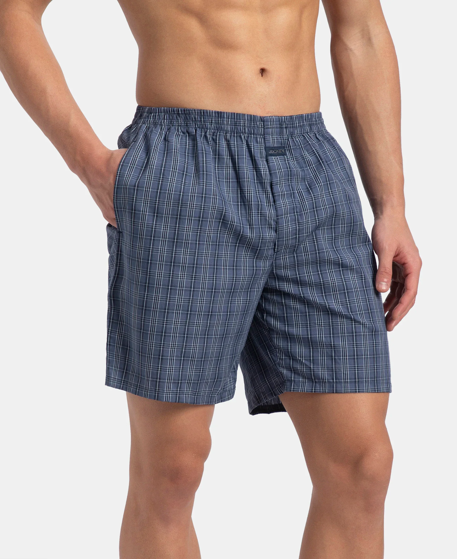 Super Combed Mercerized Cotton Woven Checkered Boxer Shorts with Side Pocket - Vintage Indigo & Black (Pack of 2) - Image 6