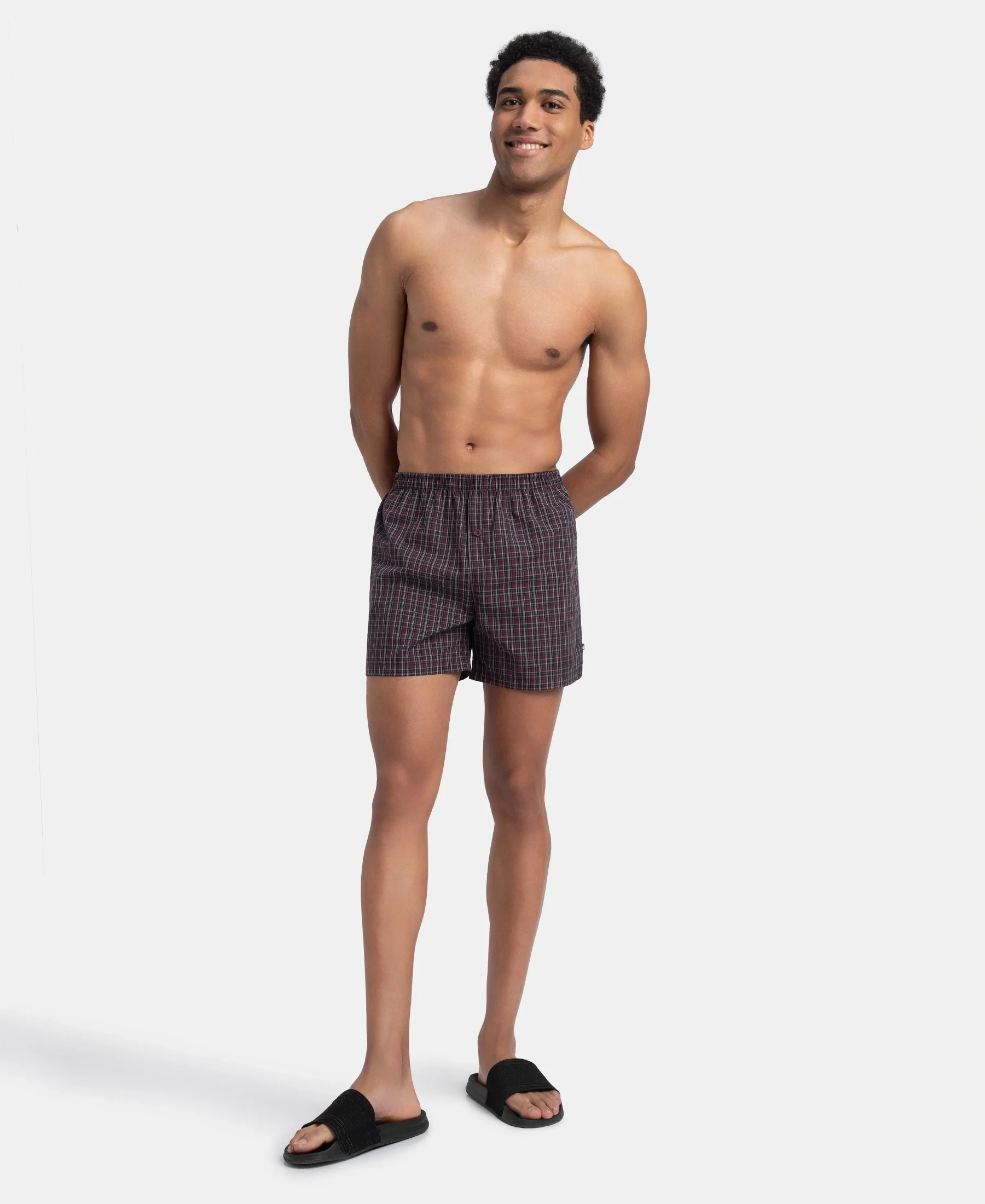 Super Combed Mercerized Cotton Woven Checkered Inner Boxers with Ultrasoft and Durable Inner Waistband - Black & Mauve Wine New (Pack of 2) - Image 4