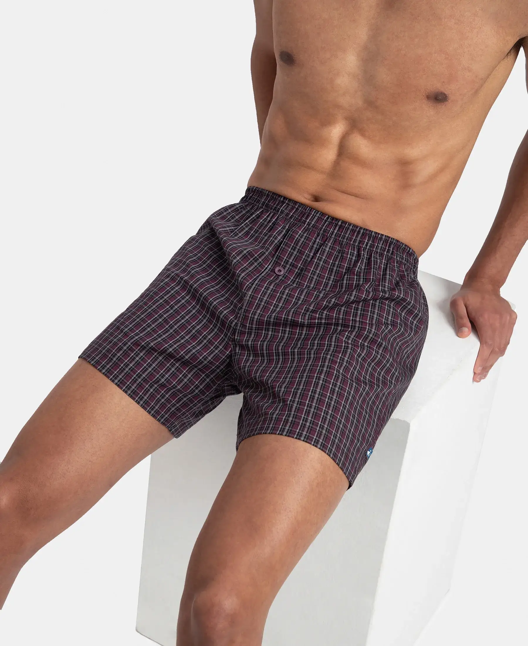 Super Combed Mercerized Cotton Woven Checkered Inner Boxers with Ultrasoft and Durable Inner Waistband - Black & Mauve Wine New (Pack of 2) - Image 7