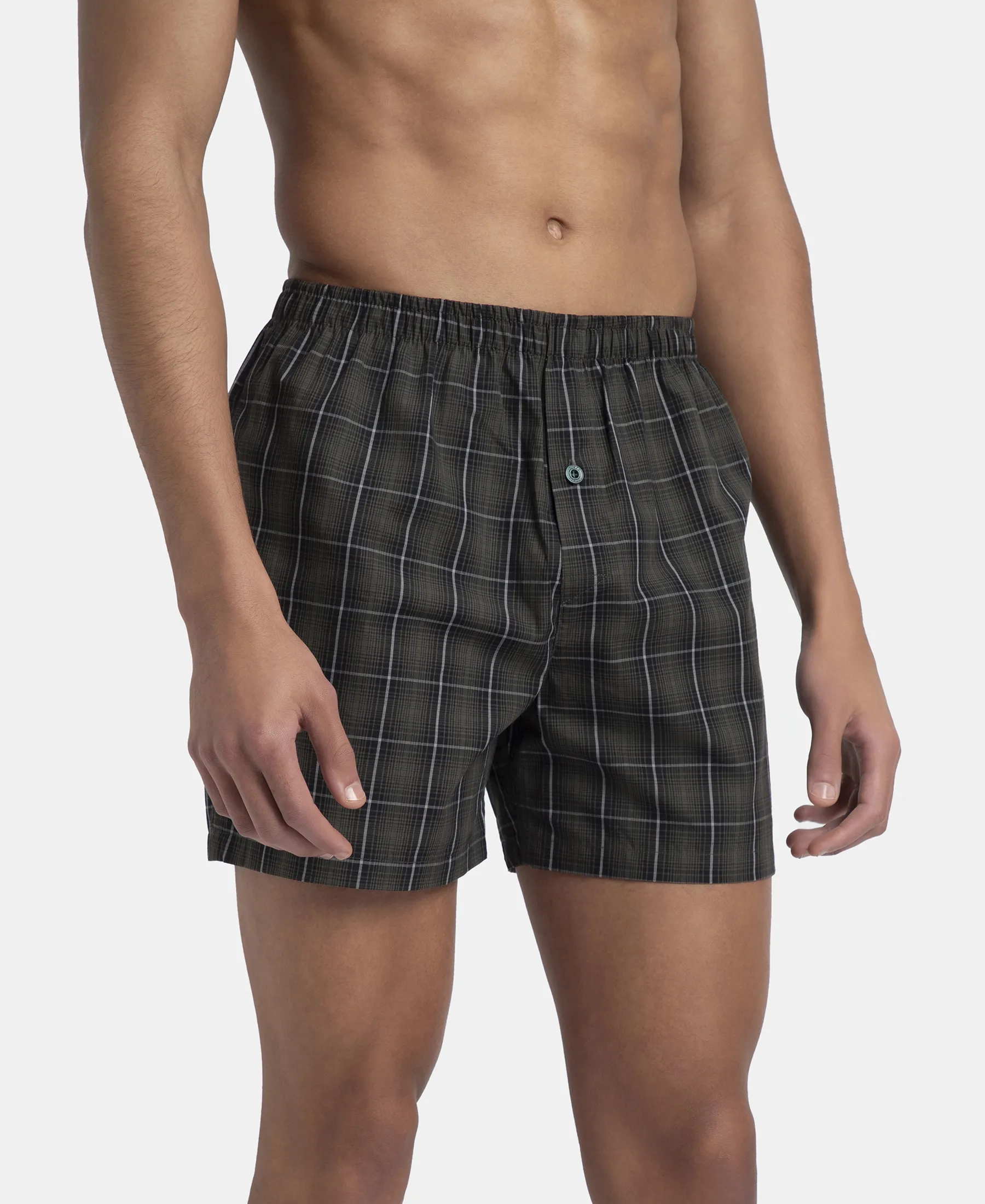 Super Combed Mercerized Cotton Woven Checkered Inner Boxers with Ultrasoft and Durable Inner Waistband - Grey & Green (Pack of 2) - Image 7
