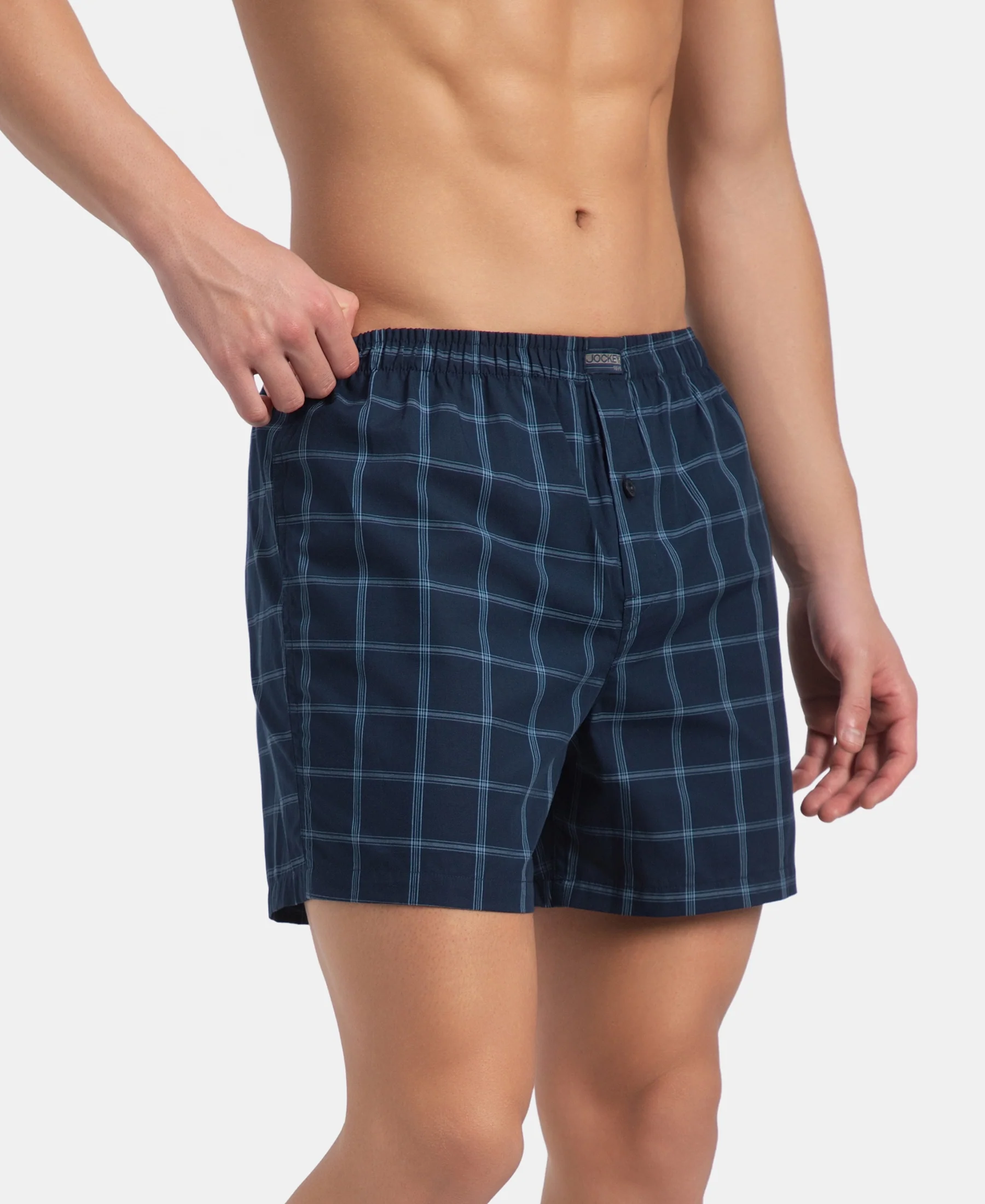 Super Combed Mercerized Cotton Woven Checkered Inner Boxers with Ultrasoft and Durable Inner Waistband - Navy & Pewter (Pack of 2) - Image 4