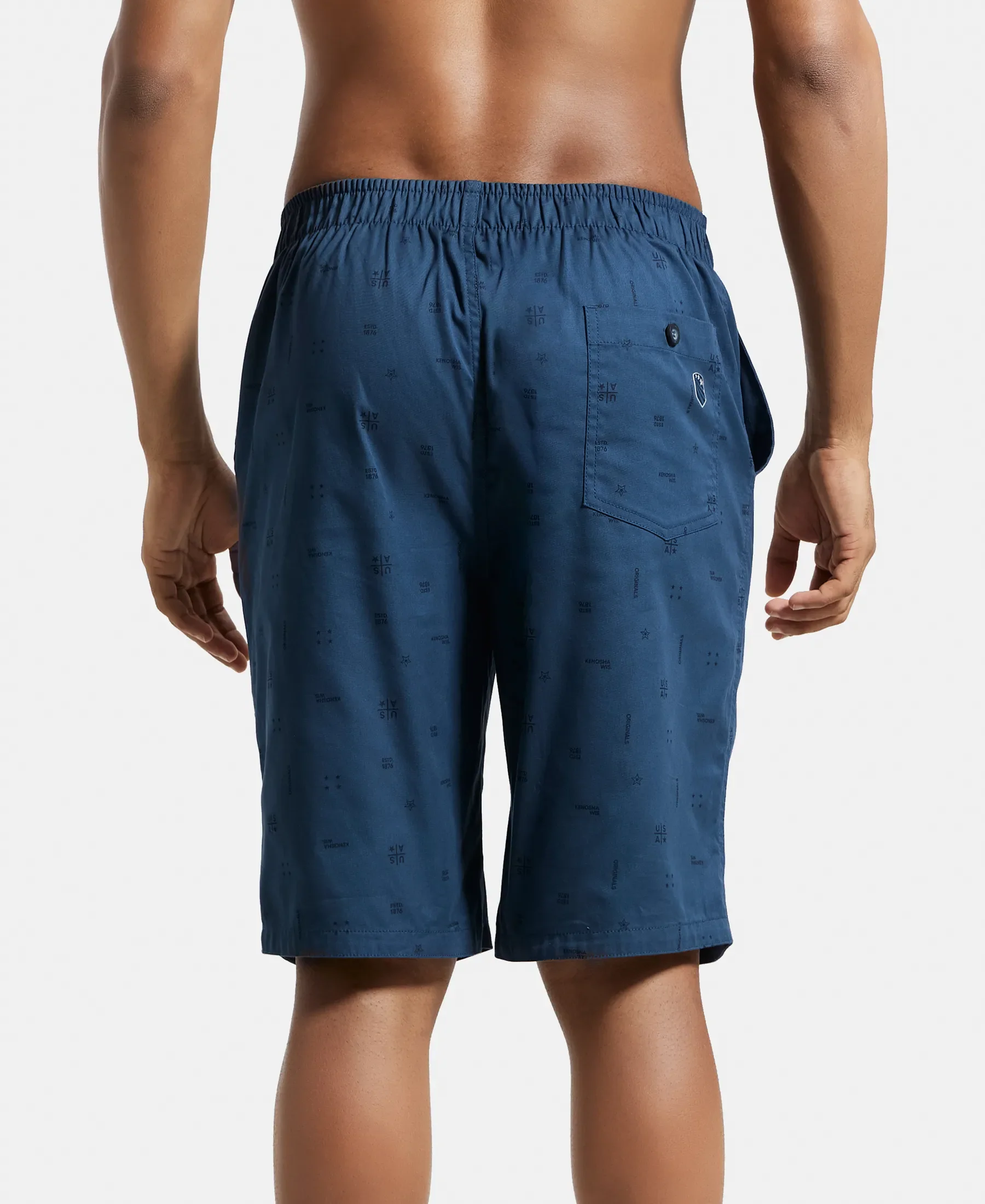 Super Combed Mercerized Cotton Woven Fabric Bermuda with Side Pockets - Insignia Blue Printed - Image 3