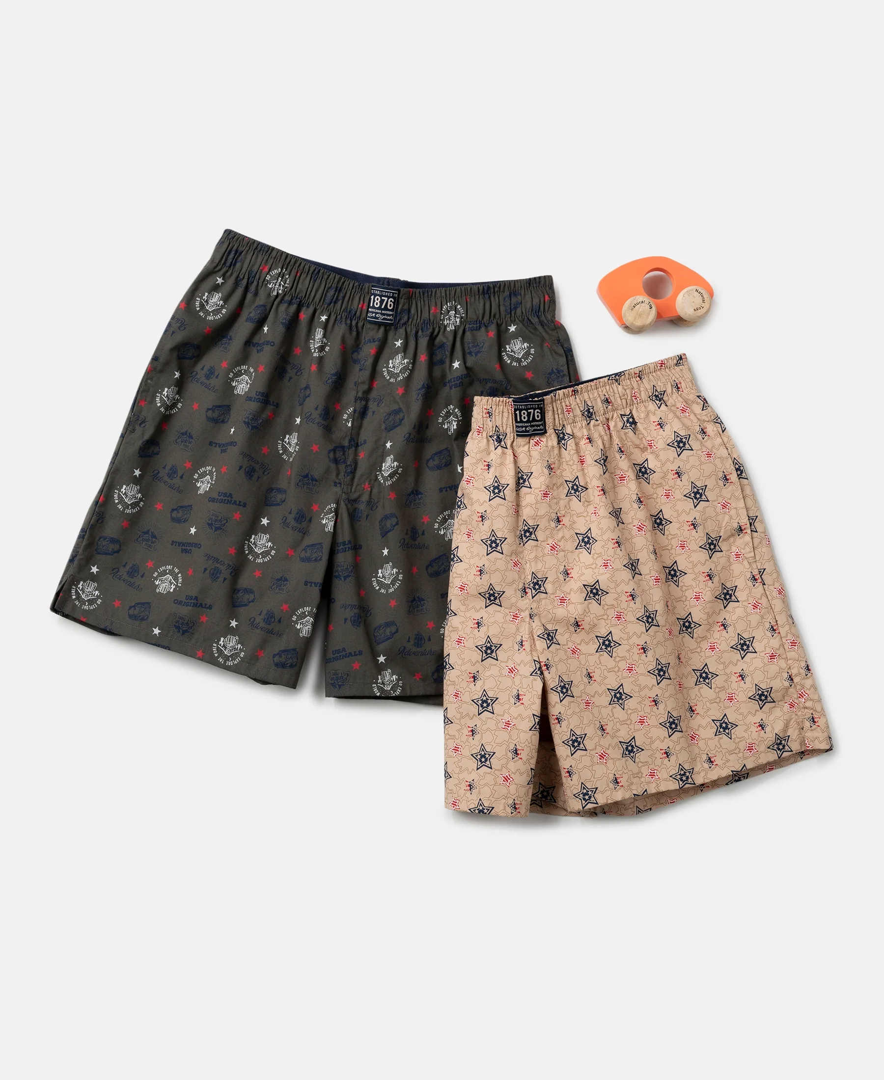 Super Combed Mercerized Cotton Woven Fabric Printed Boxer Shorts - Deep Olive & Nomad (Pack of 2) - Image 5