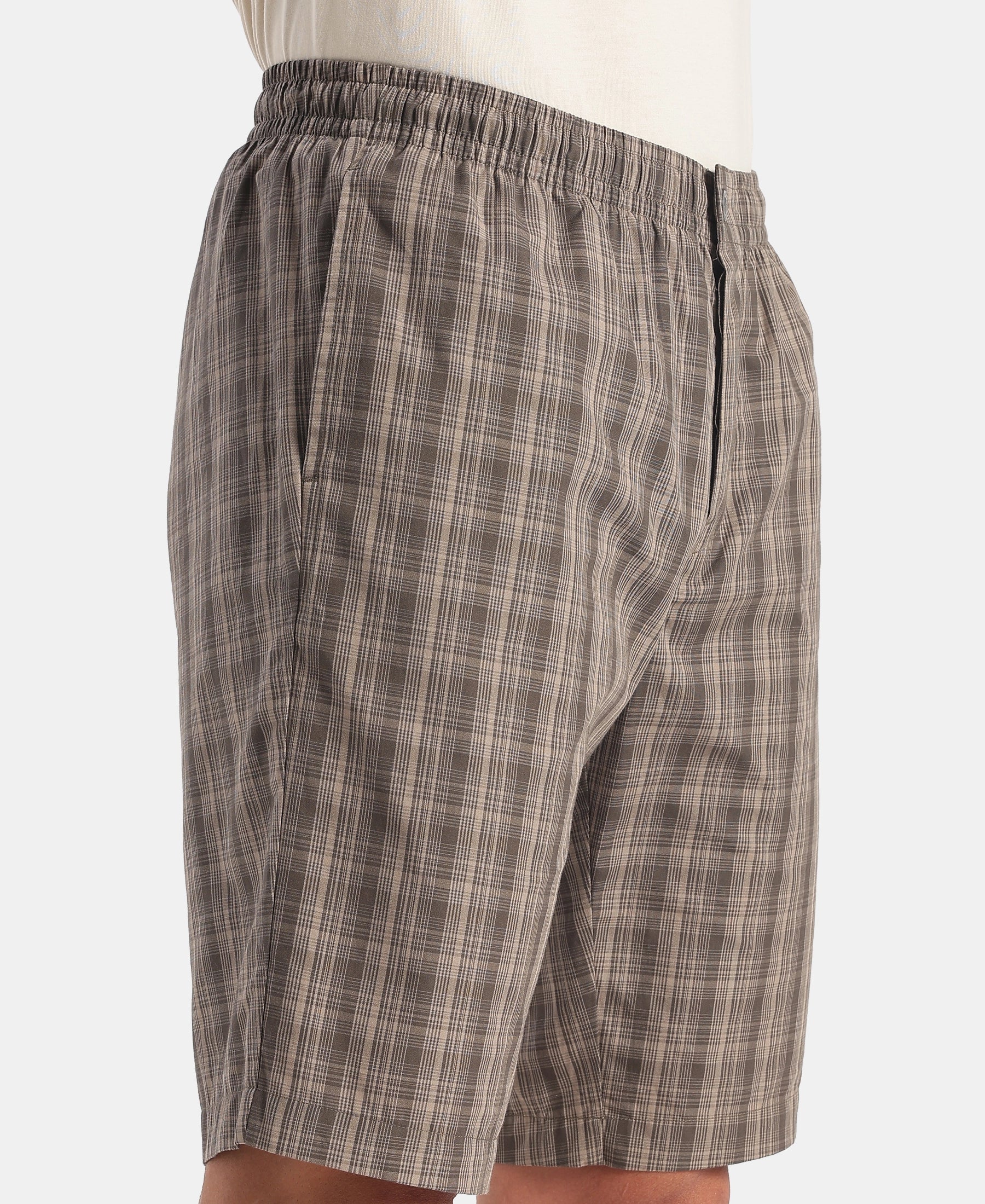 Super Combed Mercerized Cotton Woven Fabric Regular Fit Checkered Bermuda with Side Pockets - New Black Olive - Image 8