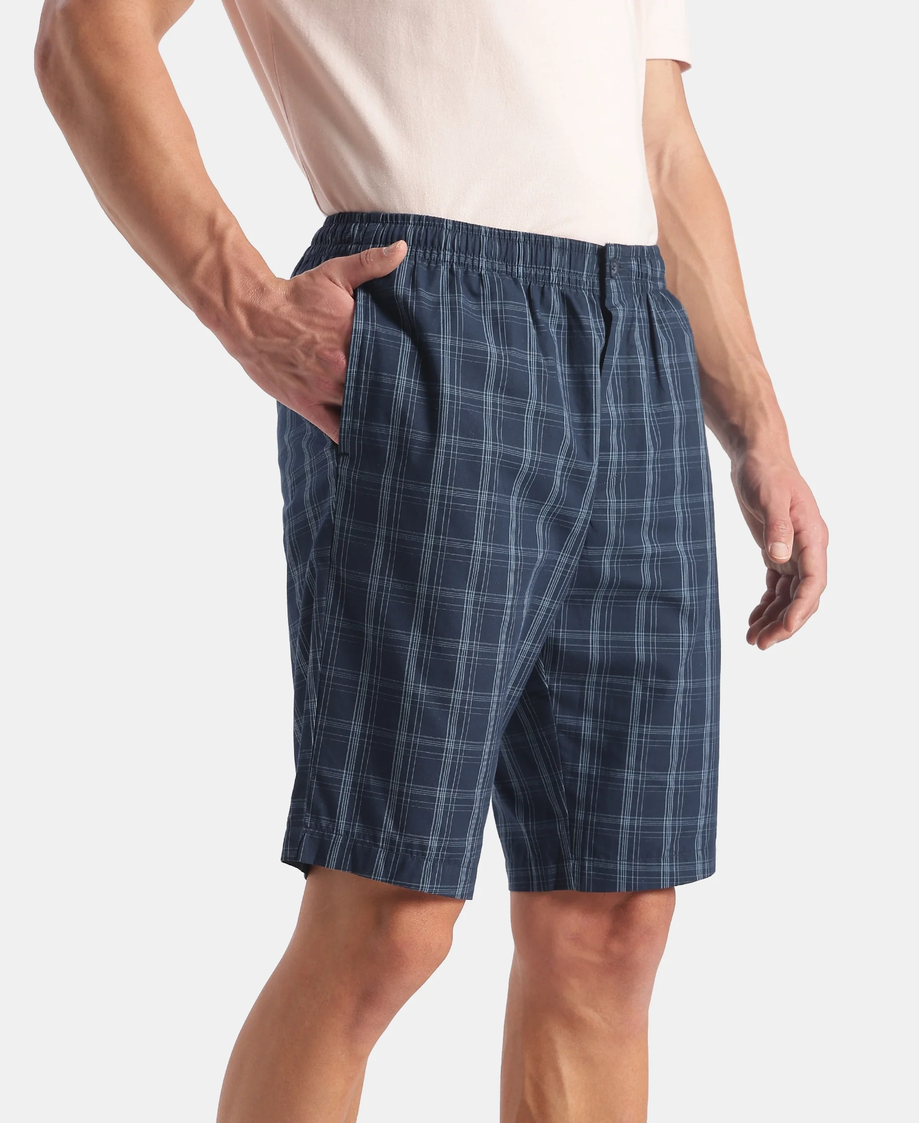 Super Combed Mercerized Cotton Woven Fabric Regular Fit Checkered Bermuda with Side Pockets - New Navy - Image 2