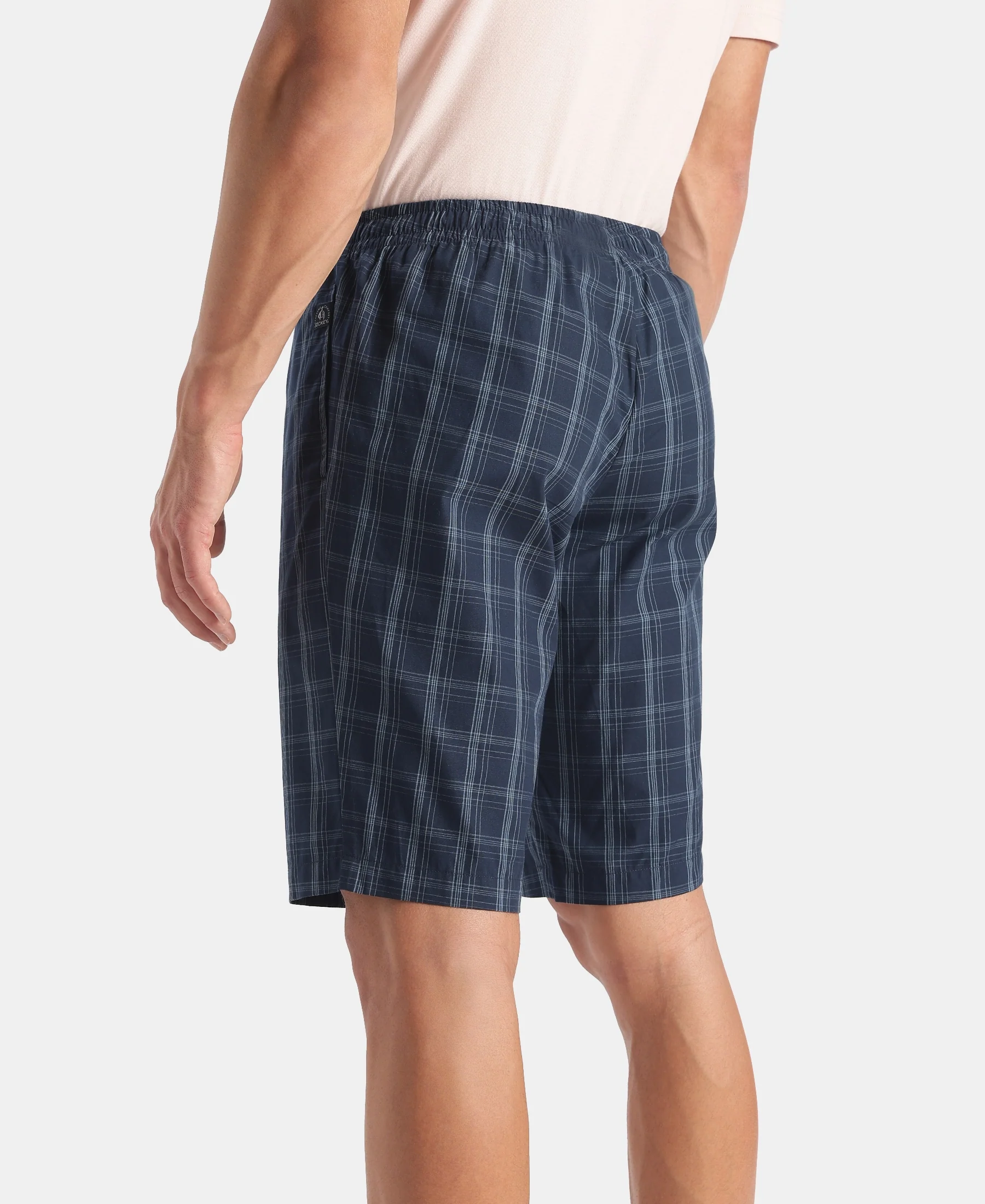 Super Combed Mercerized Cotton Woven Fabric Regular Fit Checkered Bermuda with Side Pockets - New Navy - Image 3