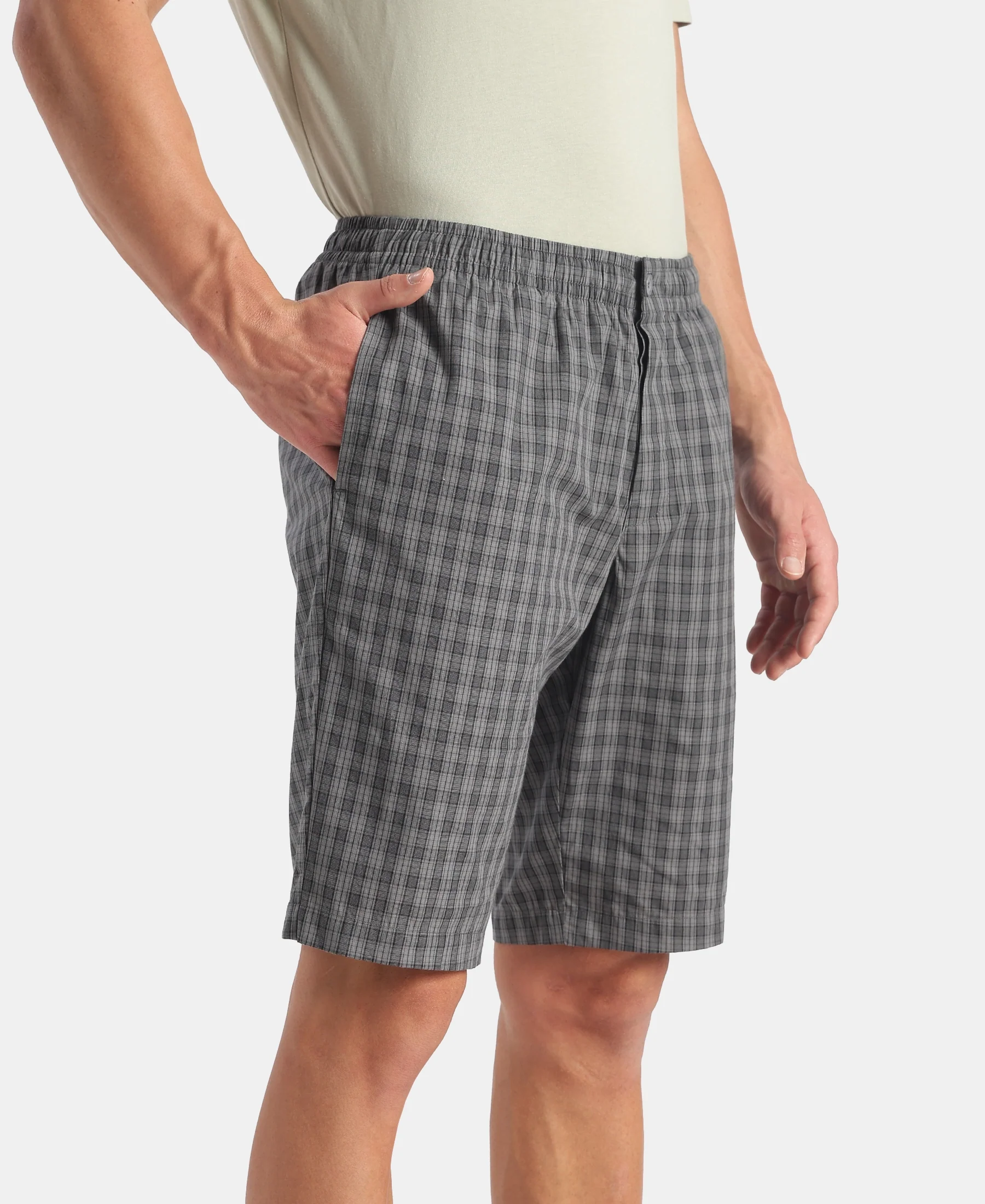 Super Combed Mercerized Cotton Woven Fabric Regular Fit Checkered Bermuda with Side Pockets - New Quiet Shade - Image 2