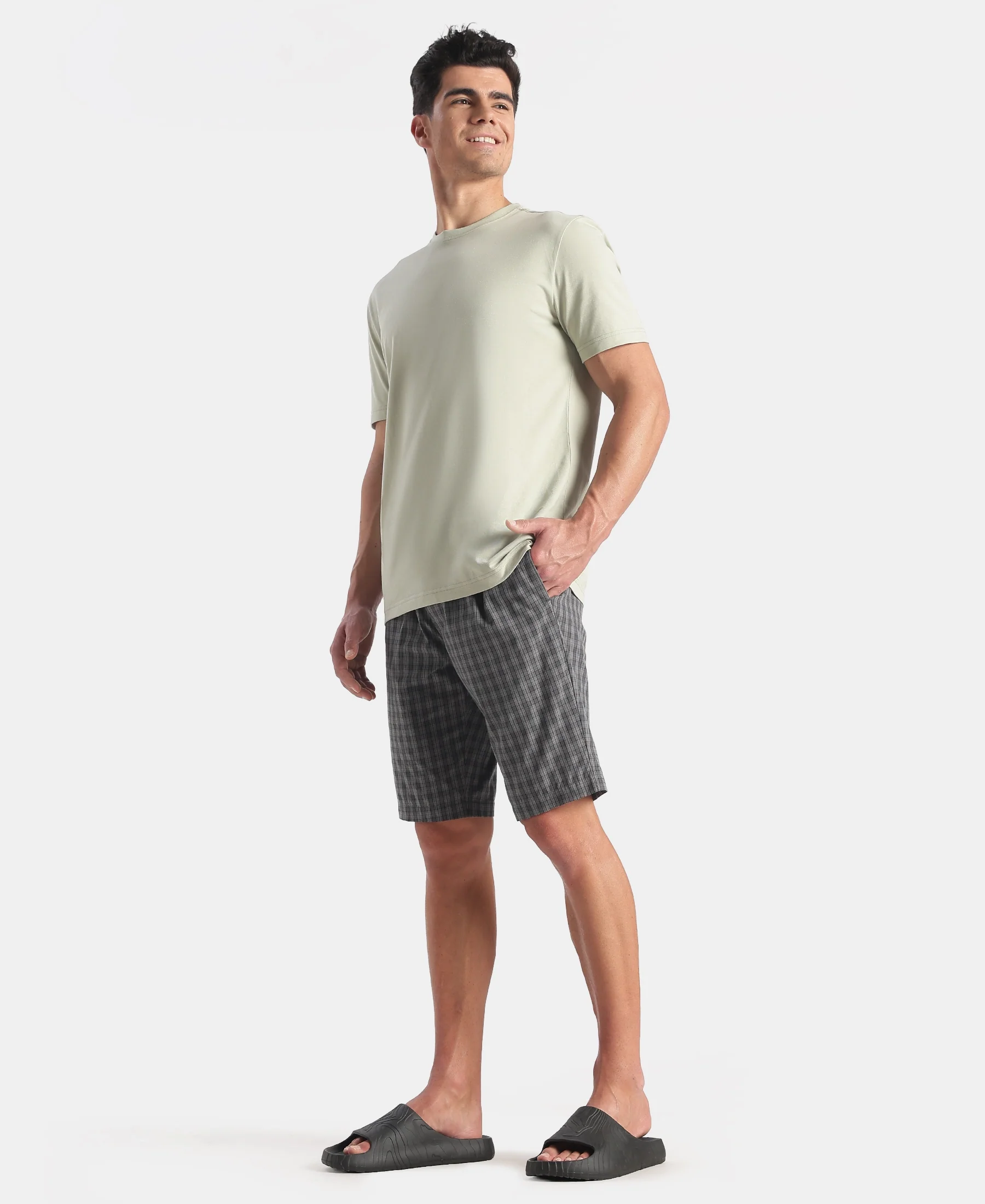 Super Combed Mercerized Cotton Woven Fabric Regular Fit Checkered Bermuda with Side Pockets - New Quiet Shade - Image 4